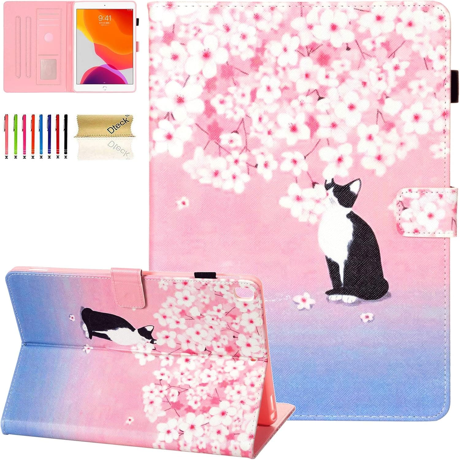 Dteck Case for iPad Air (3rd Generation) & iPad Pro Tablet 2017 10.5 Inch/iPad 7th Generation Tablet 10.2 Inch 2019, Smart Stand Leather Wallet Flip Cute Cover with Stylus Pen (Pink Cherry Cat)