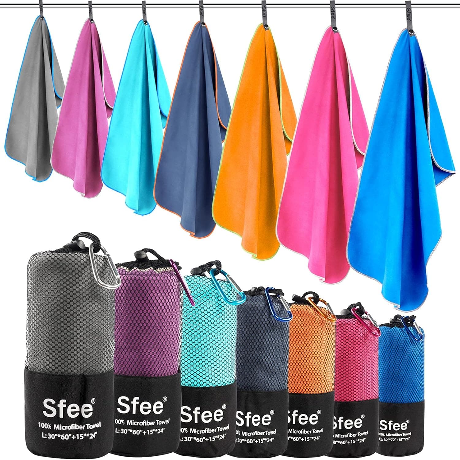 Sfee 2 Pack Microfiber Travel Towel, Quick Dry Towel Camping Towel Large Beach Towel Super Absorbent Compact Lightweight Sports Towel Gym Towel Set for Beach, Gym, Hiking, Pool, Backpacking,Bath,Yoga