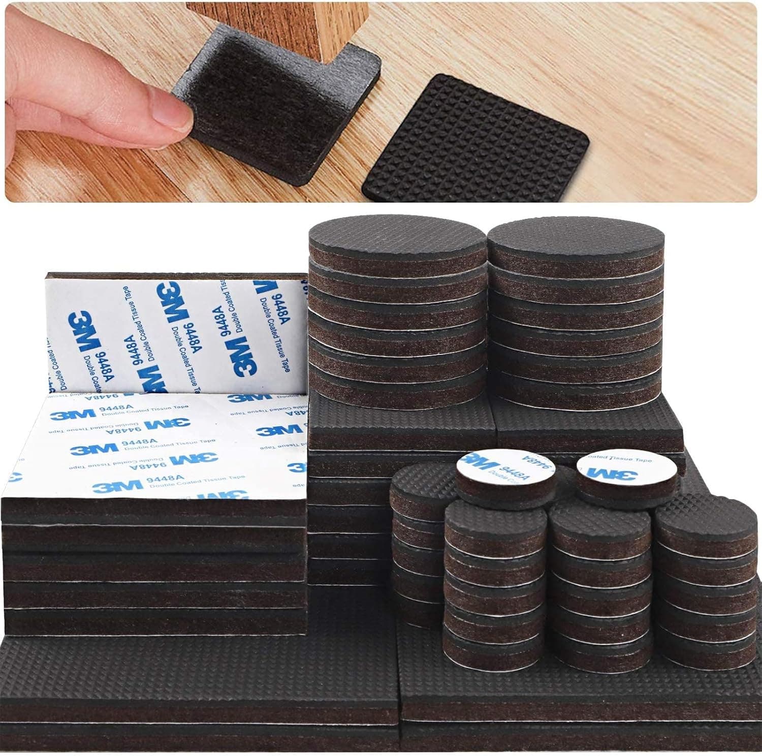 HongWay 64pcs Non Slip Felt Furniture Pads Assortment, Variety Size Furniture Grippers, Anti Skid Self Adhesive Square Rubber Feet, Furniture Wood Floor Protectors for Sofa Bed Chair Legs