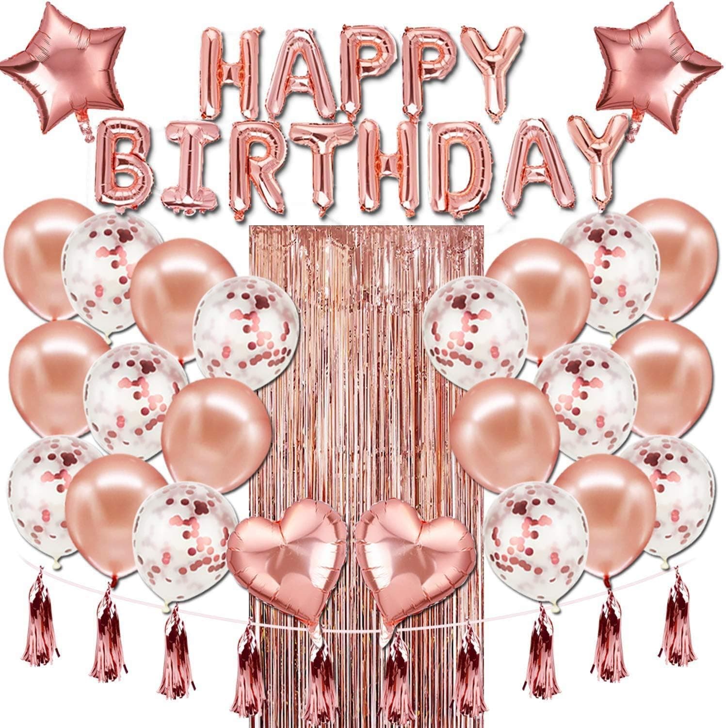 Topico Rose Gold Birthday Party Decorations, Balloon Garland Arch Kit with HAPPY BIRTHDAY Balloon Banner, Confetti Balloons, Foil Star Heart Balloons Foil Fringe Curtain for Woman Girl Birthday Party Supplies