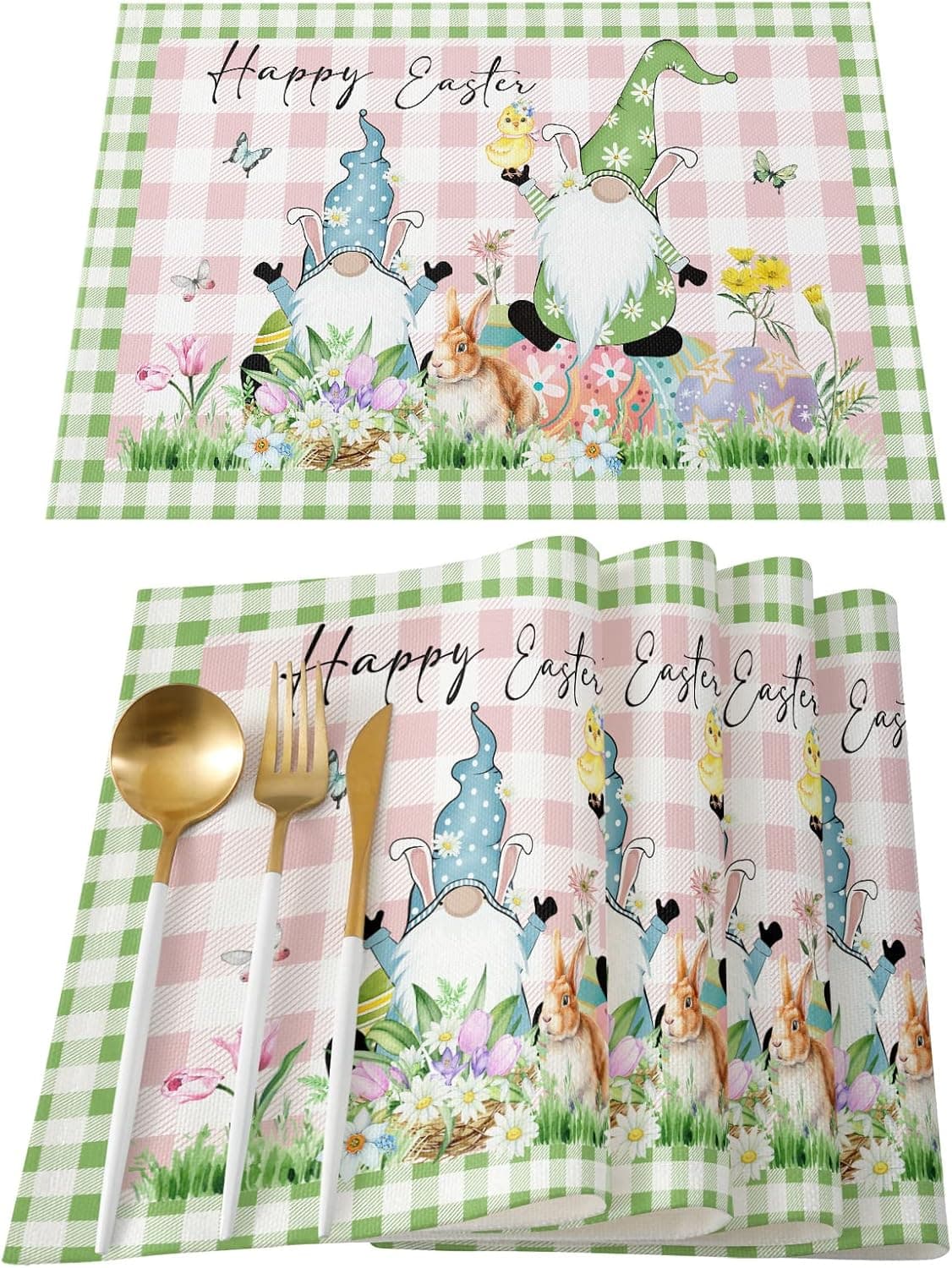 Housein Placemats for Dining Table Set of 6, Green and Pink Happy Easter Eggs Gnome Heat Resistant Washable Rustic Place Table Mat Suitable for Banquet, Party, Kitchen Living Room Table Decoration