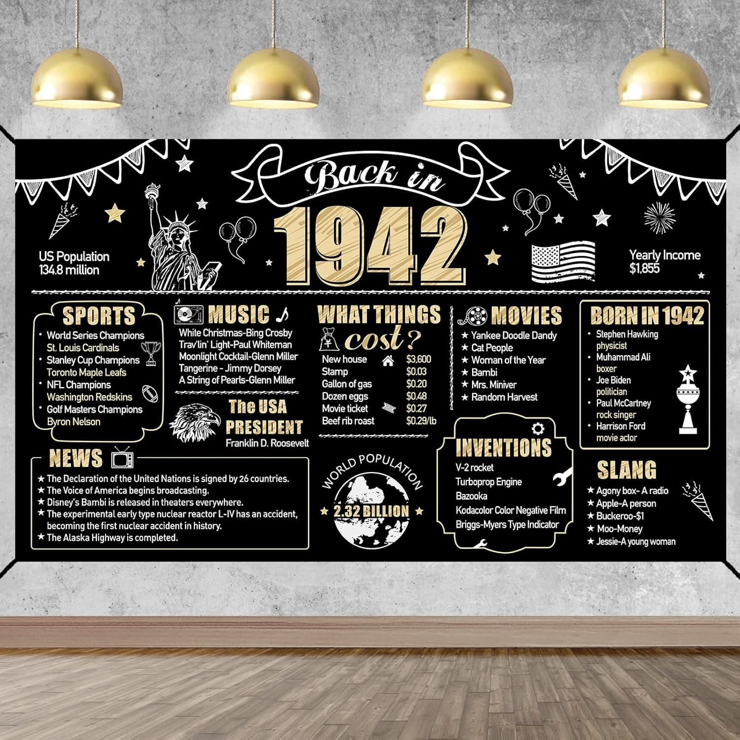Large 81st Birthday Banner Backdrop Decorations for Men Women, Back in 1942 Happy 81 Theme Birthday Sign Party Supplies, Black Gold 81 Year Old Bday Photo Background Decor for Outdoor Indoor