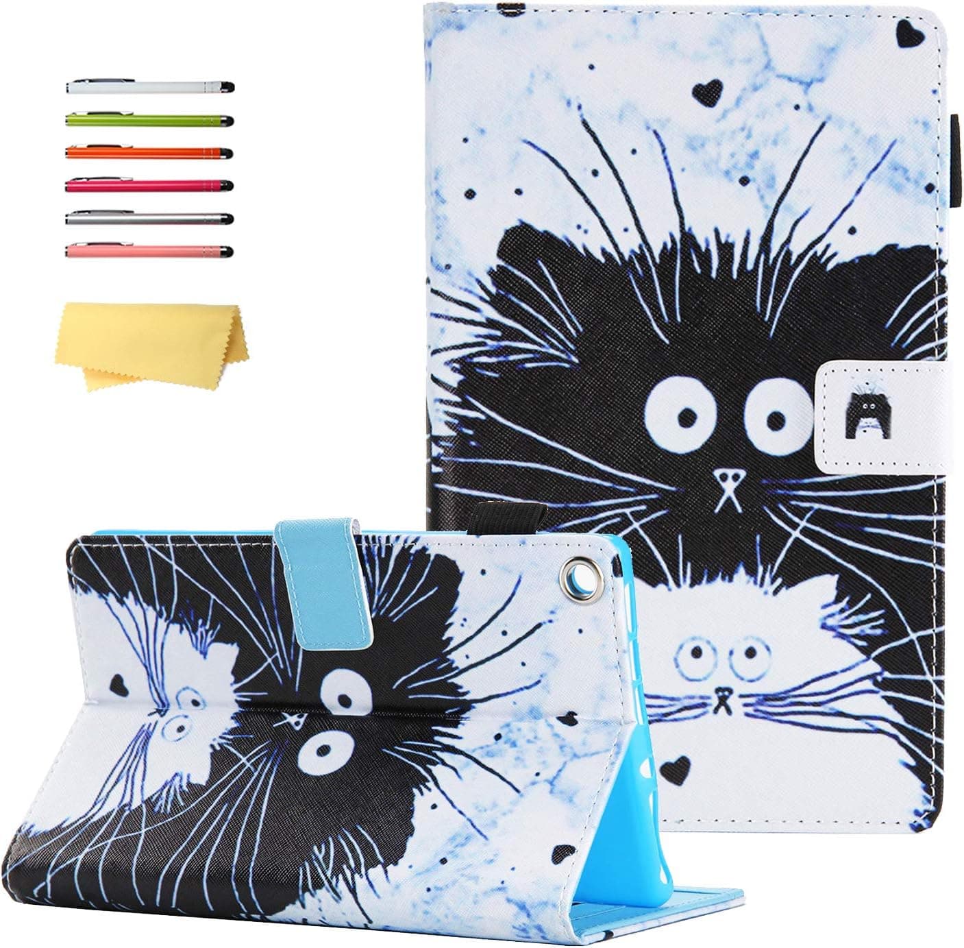 UUcovers for Amazon 8 inch Kindle Fire HD 8 (2018/2017/2016) Case 8th/7th/6th Generation with Pencil Holder Card Slots Stand PU Leather Magnetic Smart Folio Cover [Auto Wake/Sleep], Black White Cats