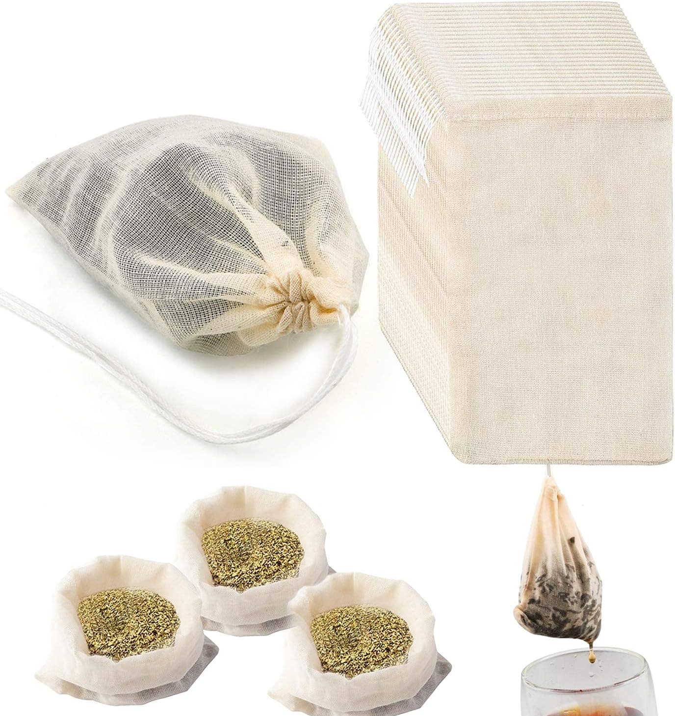 Reusable Tea Soup Filter Bags, Nut Milk Gags Drawstring Cotton Unbleached Natural Strainer and Filter, Straining Herbs Cheesecloth Bags, Coffee Tea Brew Bags, Soup Gravy Broth Stew Bags (24 Pcs)