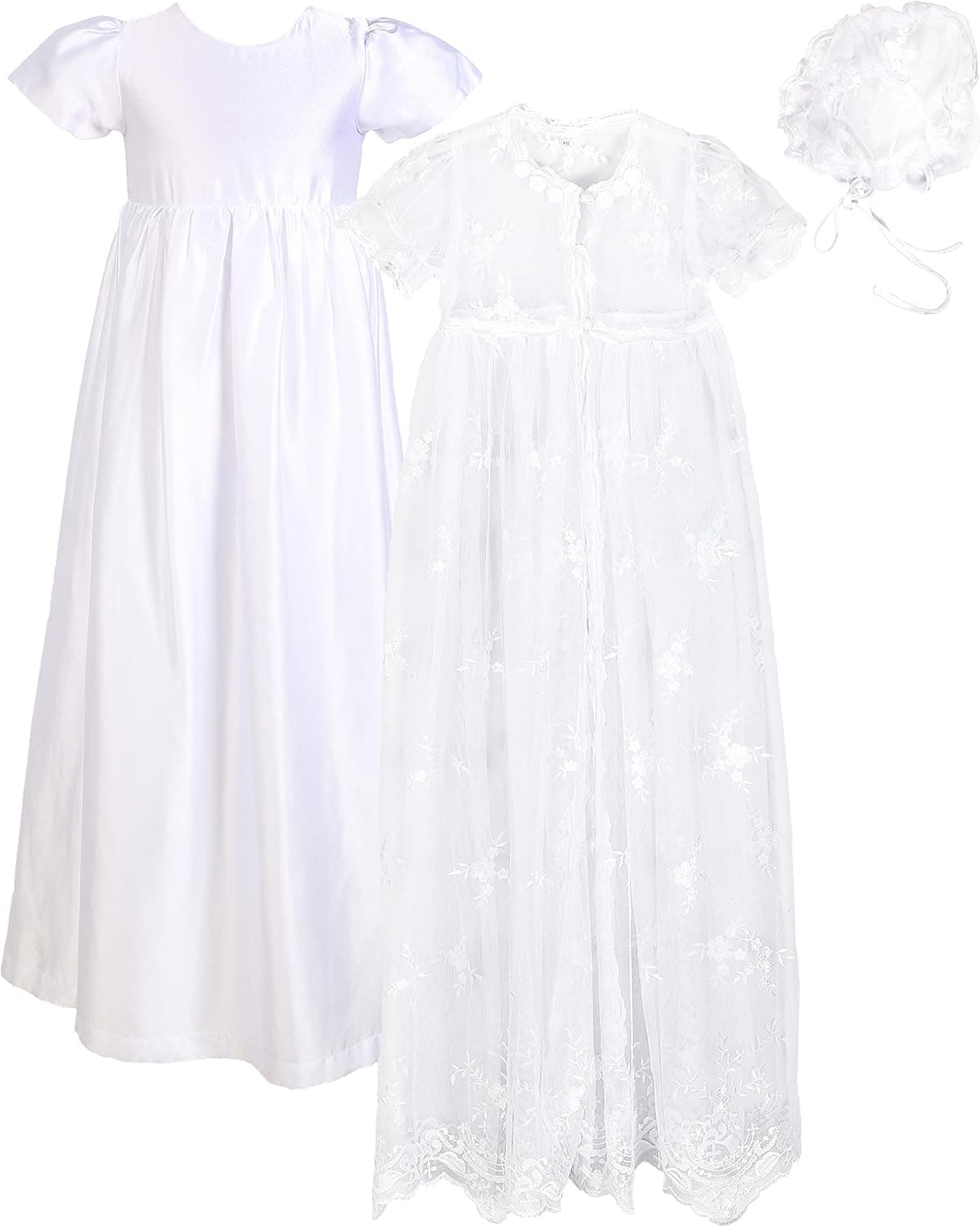 Baby Girls Baptism 3PCS Set(Lace Mesh Dress, Satin Gown, Bonnet) for 0-18 Months