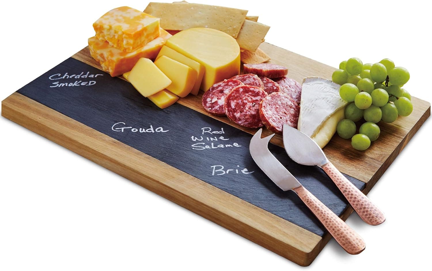 Refinery and Co. Solid Acacia Wood and Slate Meat and Cheese Board Set, Knives with Hammered Copper Finish Handles, Large Charcuterie Party Tray, Best Anniversary Housewarming for Entertaining