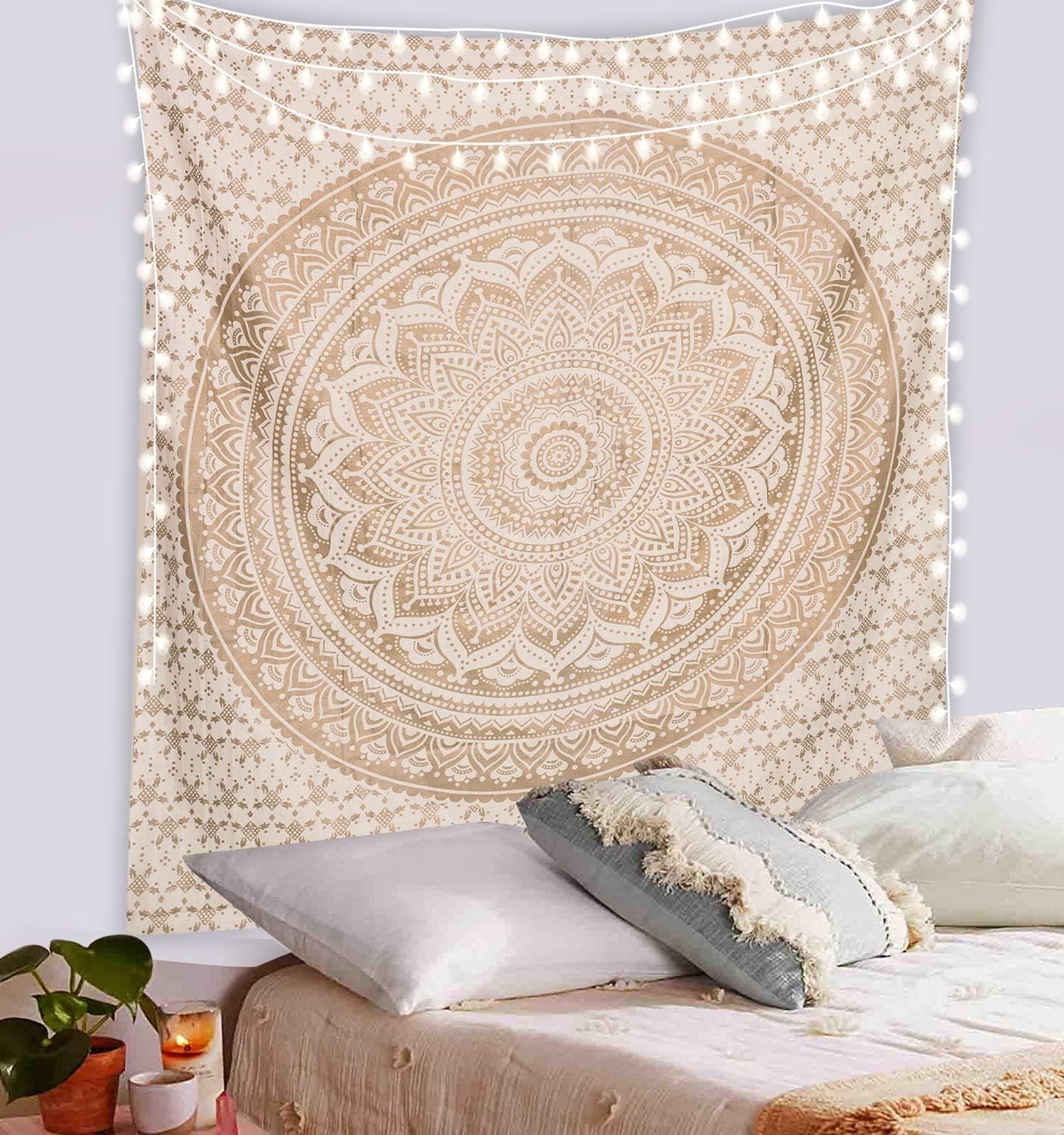 ANJANIYA Ombre Wall Hanging Bohemian Tapestry, Metallic Wall Art Bedspread, Psychedelic Hippie Mandala Dorm Décor for Hanging, Bedding, Beach Coverlet Curtain, Royal Gold, 54"X60"