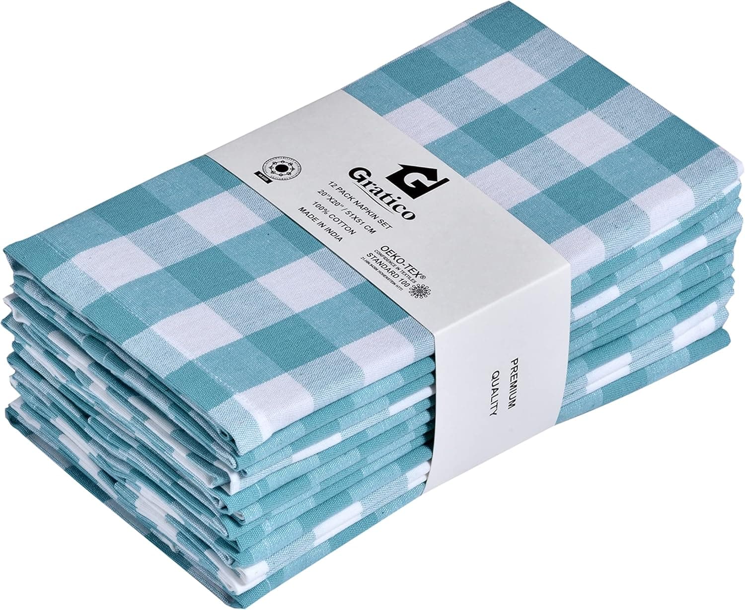 [20x20] Cloth Napkins Set of 12 Cotton, Dinner Napkins Cloth Washable, Buffalo Plaid Checks Premium Over Sized Aqua/White Cloth Napkins with Mitered Corners, Ultra Soft, Durable Hotel Quality