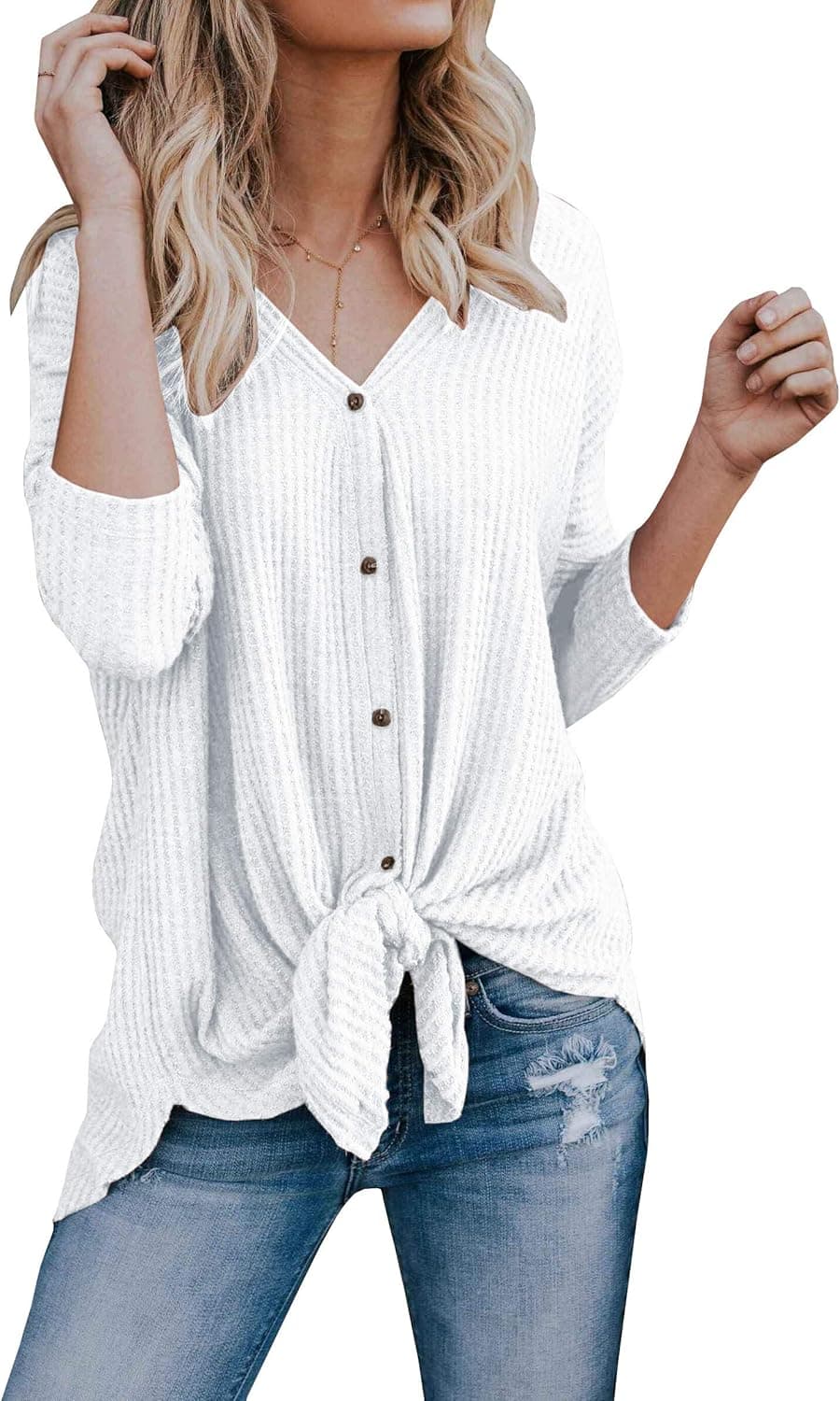 Ivay Women's Lightweight Cardigan Sweater Fall V Neck Knitted Top White