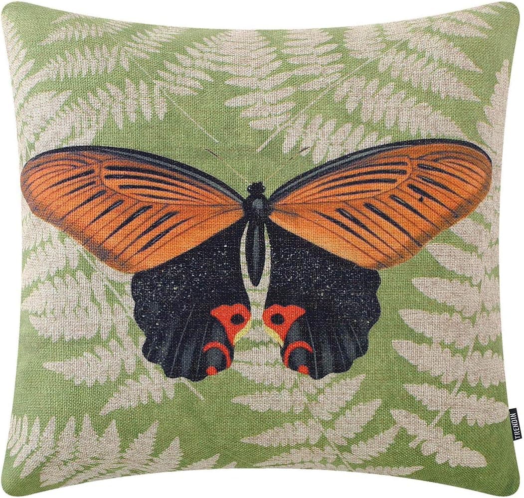 TRENDIN Butterfly Throw Pillow Cover 18x18 Inches, Decorative Cushion Case for Sofa Couch French Country Vintage Green Fern Leaf Pillowcase PL659TR