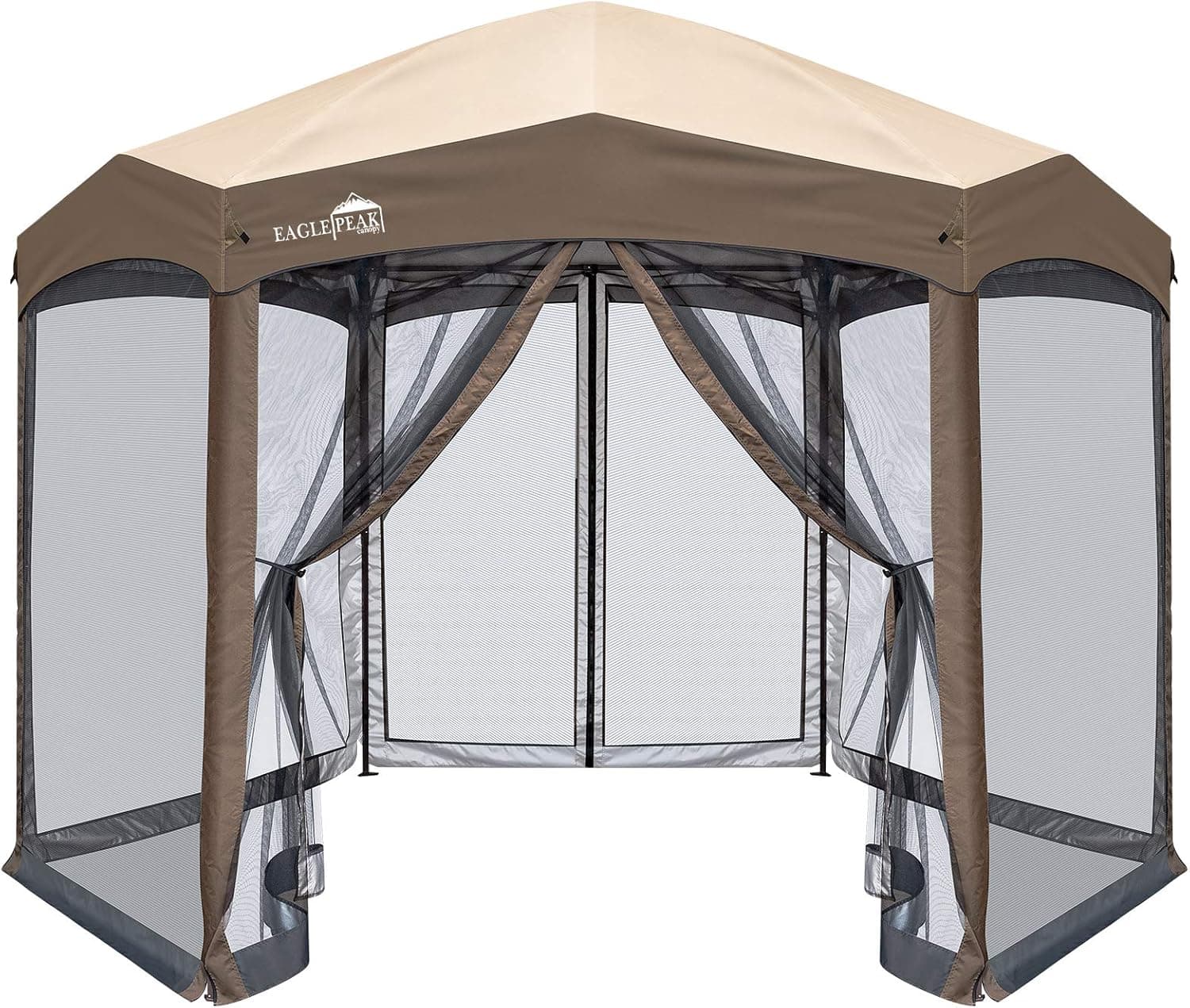 EAGLE PEAK Pop-Up Camping 6 Sided (6x6x6) Gazebo w/Mosquito Netting Easy Center Push Canopy Shelter Instant Setup Outdoor Screen Tent, Brown