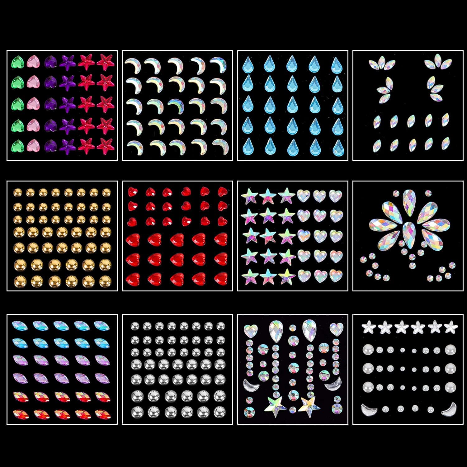 12 Sheets Eye Face Body Nail Jewels, Self-Adhesive Rhinestone Stickers Stick on Gems for Makeup Crafts Festival Accessory Decoration
