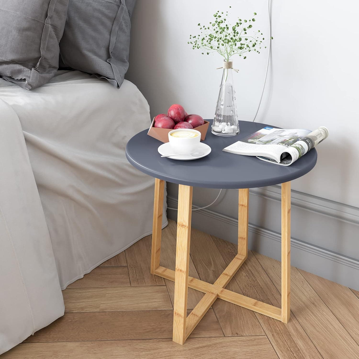 BAMEOS Side Table Modern Nightstand Round Side End Accent Coffee Table Bedside Table for Living Room Bedroom Balcony Family and Office in Grey (19.7inx18.7in)