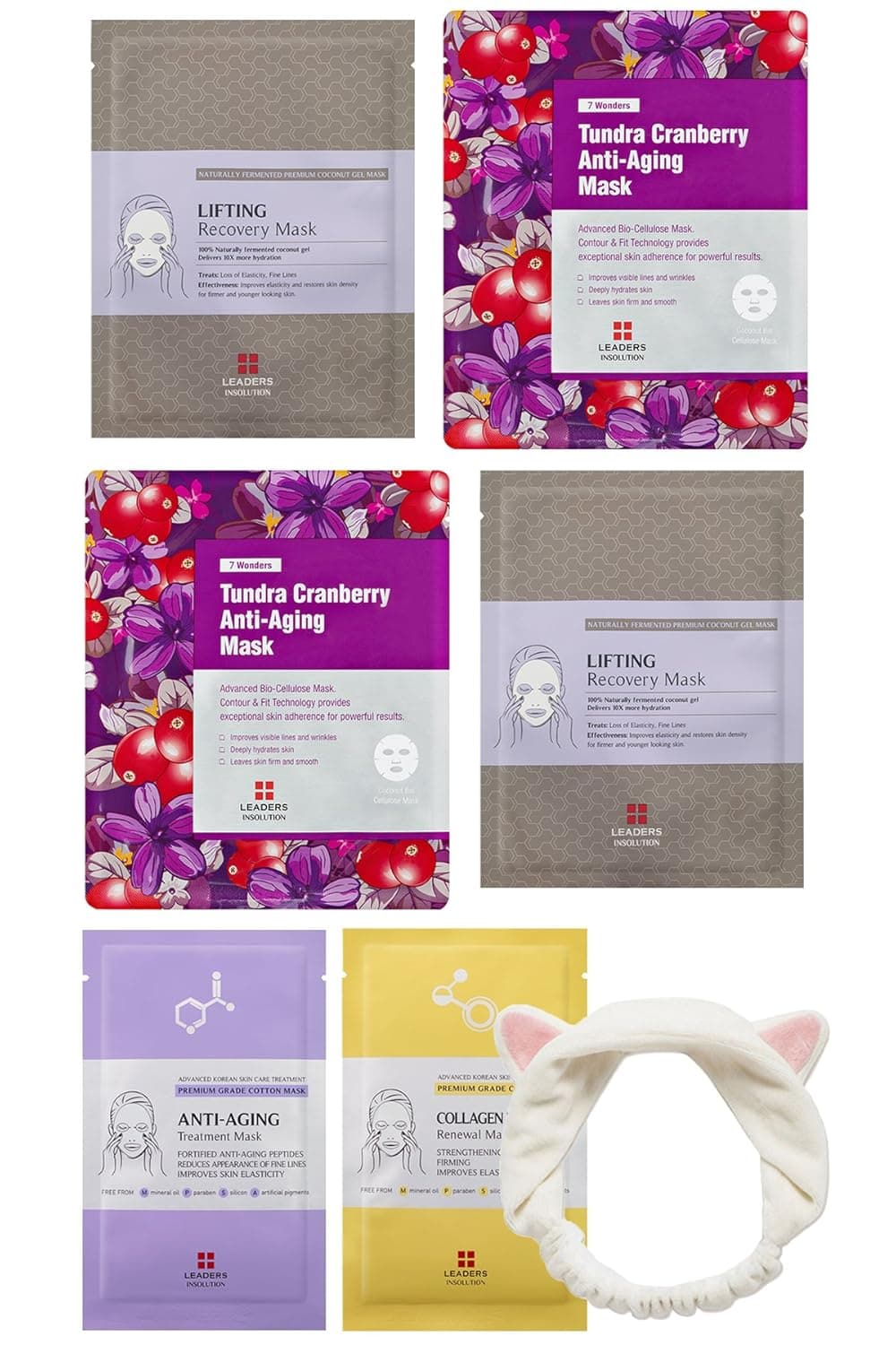 [Leaders Insolution] Full Face Facial Mask Sheet, 6 Combo Pack - Ageless Wonder Kit [Anti-Aging] with a Cat Ear Headband [2 Cotton Face Sheet Masks + 4 Coconut Gel Bio-Cellulose Face Sheet Masks]