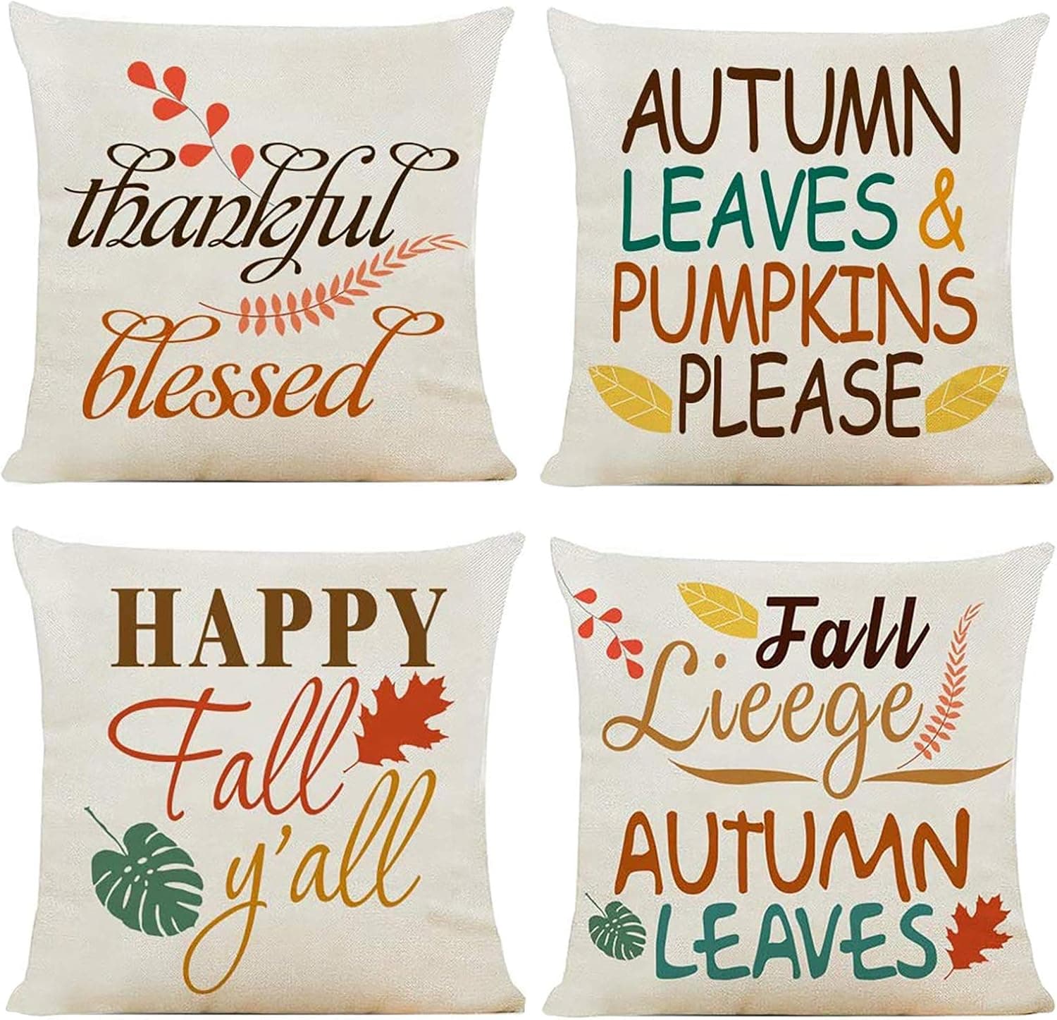 SmartUlife 4 Pcs Fall Autumn Leaves Throw Pillow Covers Farmhouse Decoration for Couch Sofa Patio Cotton Linen Pillowcases 18x18 Inches