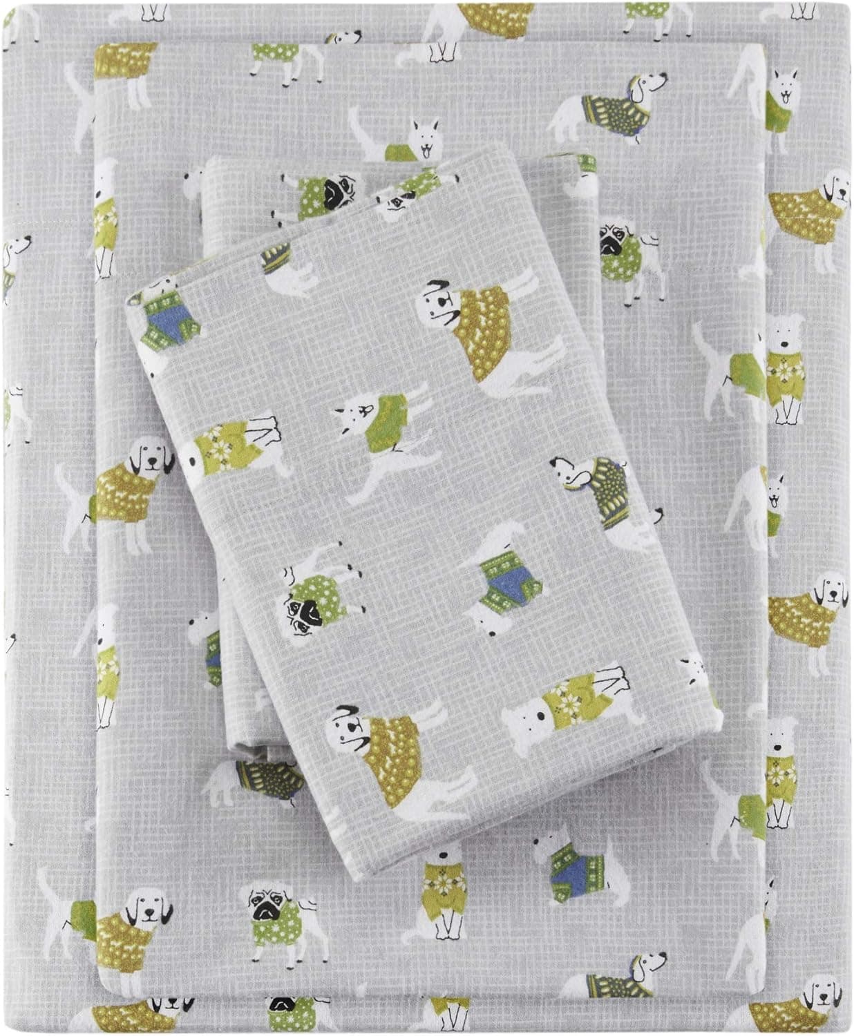 Sleep Philosophy True North Cozy Flannel Warm 100% Cotton Sheet - Novelty Print Animals Stars Cute Ultra Soft Cold Weather Bedding Set, King, Grey Dogs 4 Piece