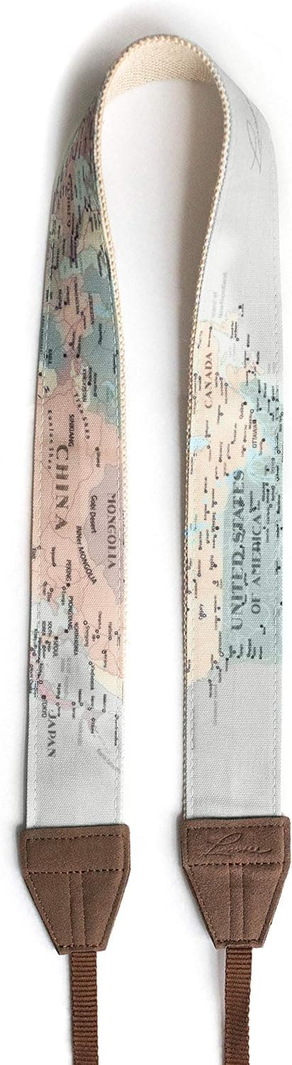 Livoree Travel Camera Strap for DSLR/SLR and Vintage, World Map Design, Genuine Leather, Cotton Canvas, for All Cameras (Canon, Nikon, Sony, Pentax, Leica, Olympus, Panasonic, Fuji, Lumix) (Grey)