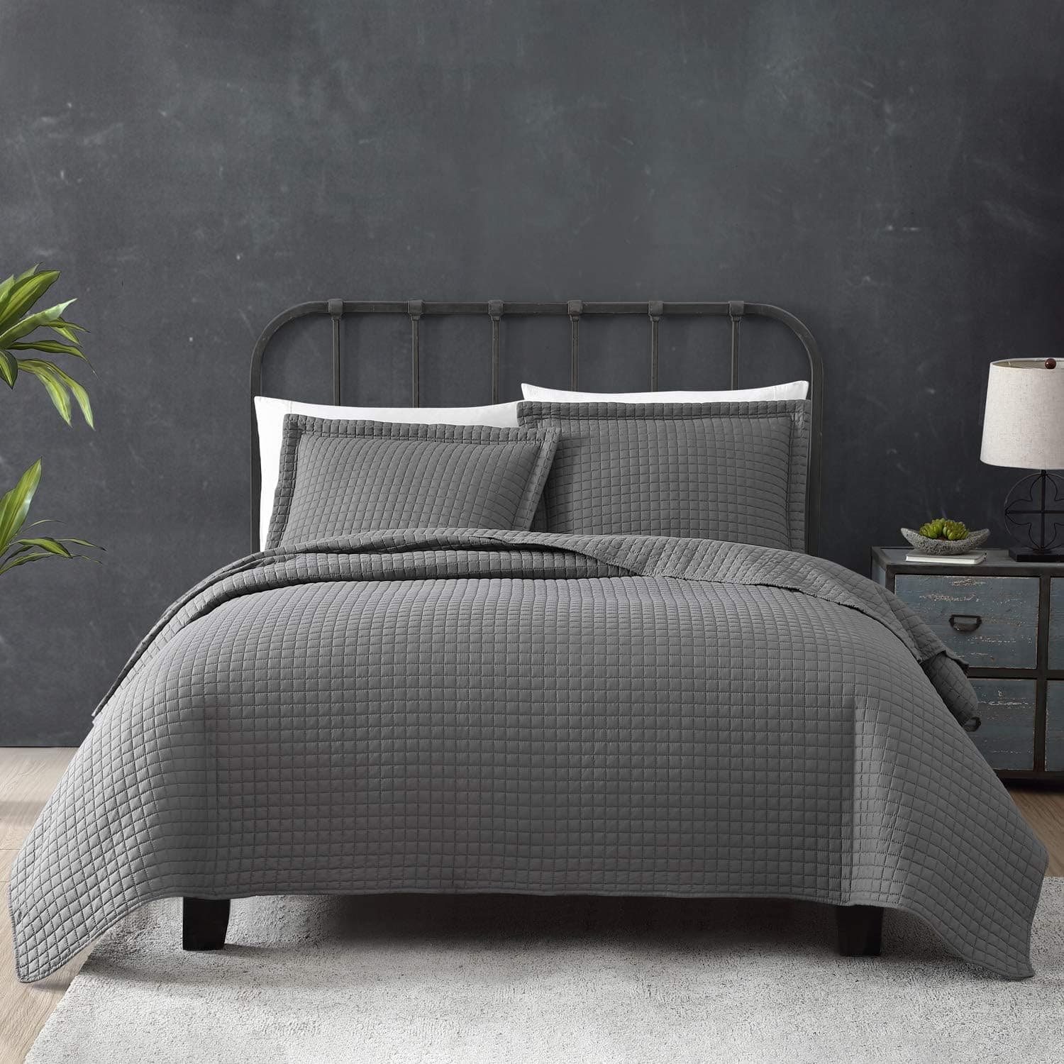 Tempcore Quilt Set Coverlet Twin Size Grey 2 Piece,Microfiber Lightweight Soft Bedspread for All Season,Twin Grey Check,(1 Quilt,1 Sham)