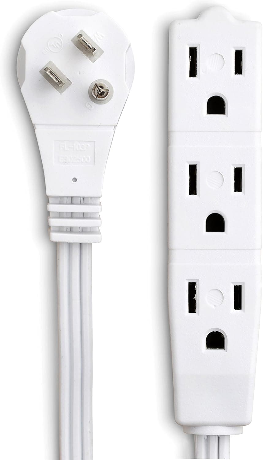 MAXIMM 25 Feet Flat Plug Extension Cord/Wire, 3 Outlet Right Angle Extension Cord - 3 Prong Grounded Angled Flat Plug Extension Cord - 16 AWG UL Listed