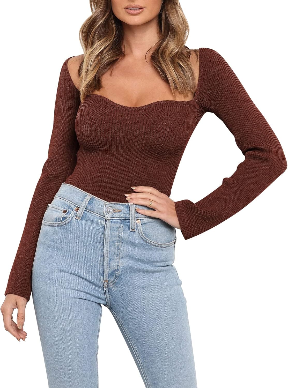 ANRABESS Womens Long Sleeve Sweetheart Neck Stretch Ribbed Knit Slim Fit Solid Crop Sweater Top
