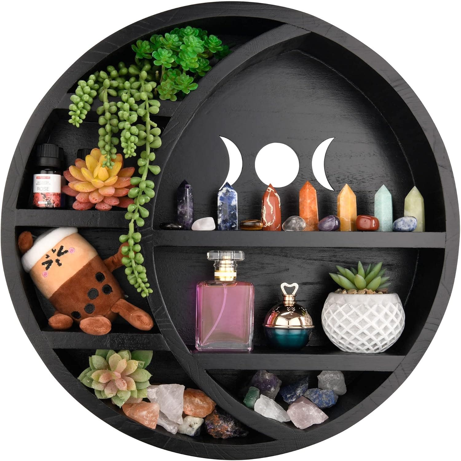 The Poppy Store Large 17" Moon Shelf – Ideal for Crystal Decor, Essential Oils, Witchy Room, and Boho Art Display - Decorative Crystals Wall Shelf - Easy Mount - Paulownia Wood – Black