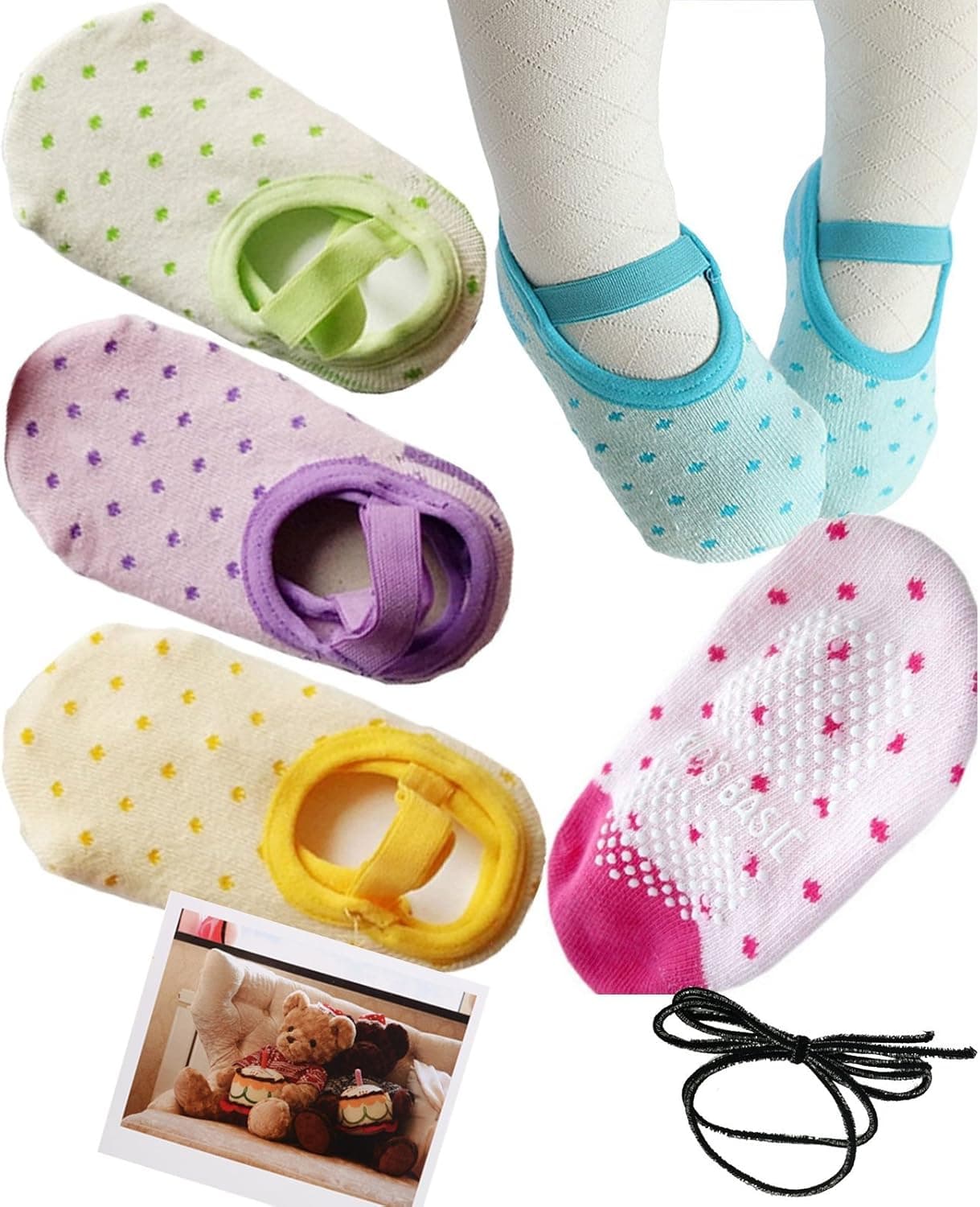 Yaobaby 5 Pairs 8-24 Months Baby Girl Toddler Anti Slip Skid foot Socks + Gift Card + Hair rope, Stripes No-Show Crew Boat Socks Footsocks sneakers, 12-14cm