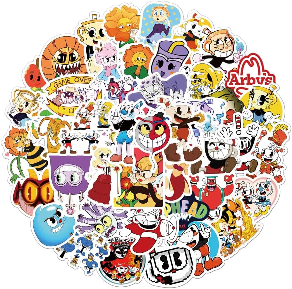 Fowreny 50pcs Cuphead Stickers Cool Mugman Stickers Waterproof Vinyl Stickers for Water Bottles Skateboard Laptop for Kids Teens Decor, for Kids Birthday Gift, Clear (309)