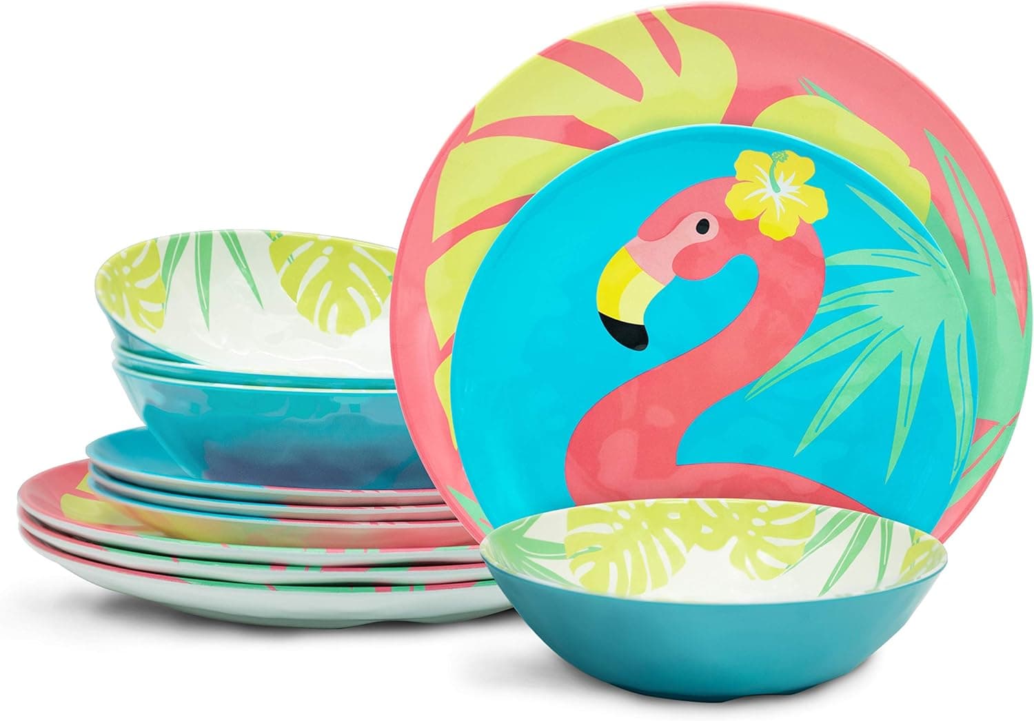 Zak Designs 12pc Summer Prints Pool Party Durable Melamine Dinnerware Set Includes Dinner Plates, Salad Plates, and Individual Bowls, Service for 4 (12pc, Pool Party)