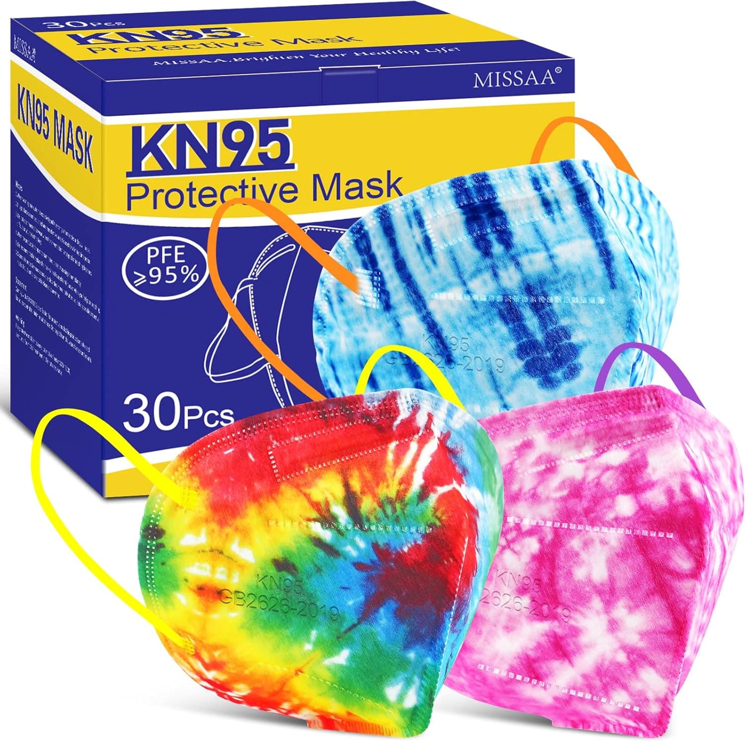 MISSAA KN95 Face Masks 30Pcs, 5-Ply Breathable Protection Disposable Face Masks with Elastic Earloop for Adult, Men, Women, Indoor, Outdoor Use, Tie-Dye