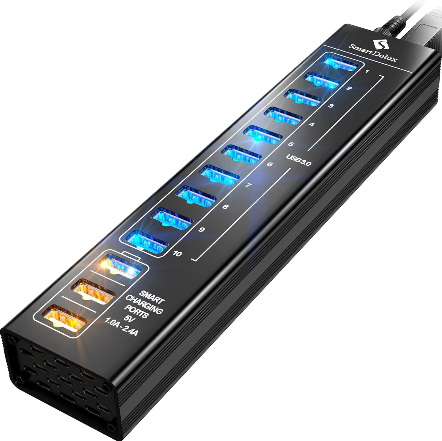 SmartDelux 13-Port Powered USB Hub = 10 USB 3.0 Data + 3 Charging Ports for PC & Laptop, 5ft PA Cord