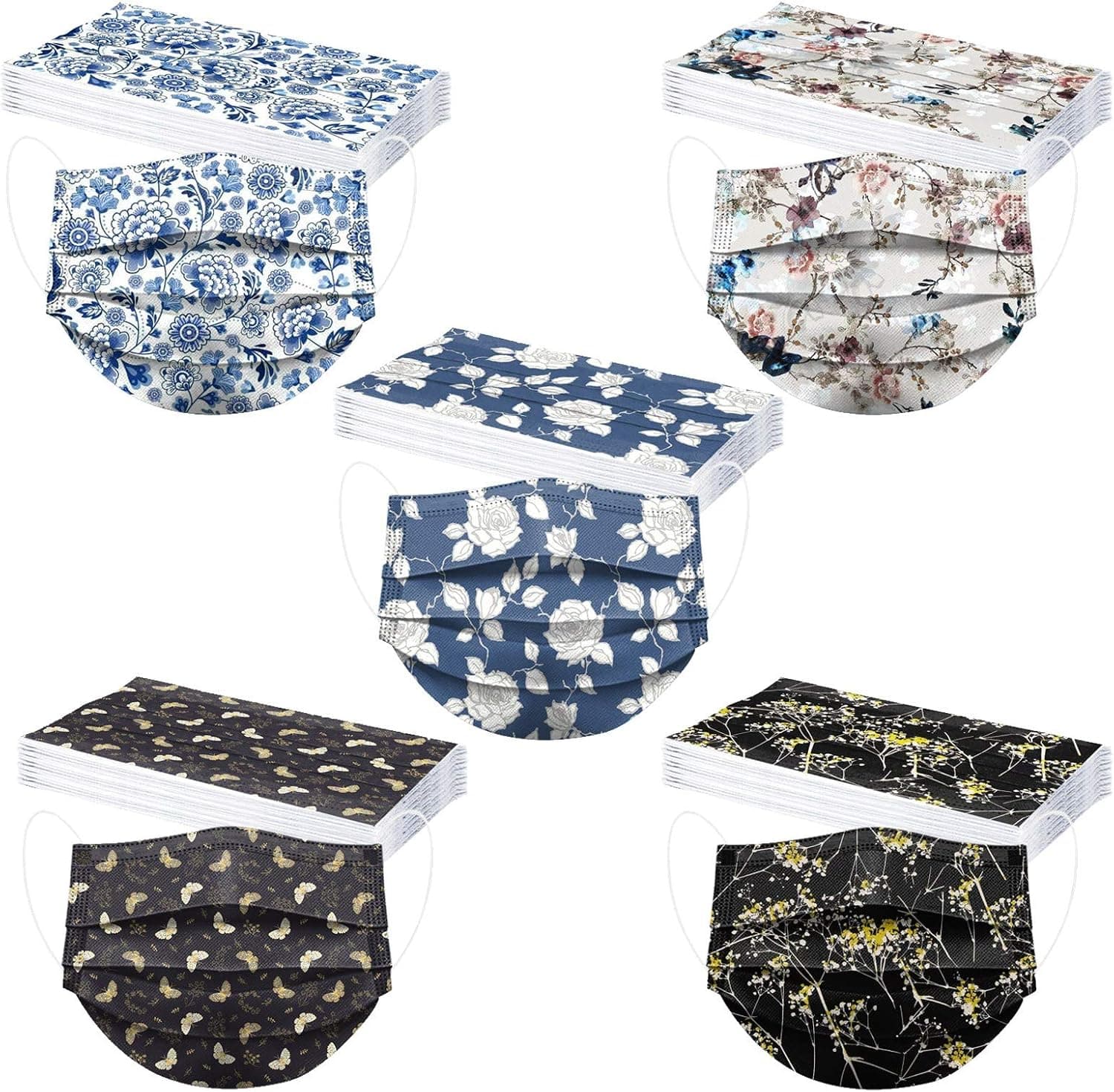 Vikaki 50PC Flower Disposable Face_Mask for Women 3-Ply Disposable Face_mask Colors Floral Designs Breathable for Adults