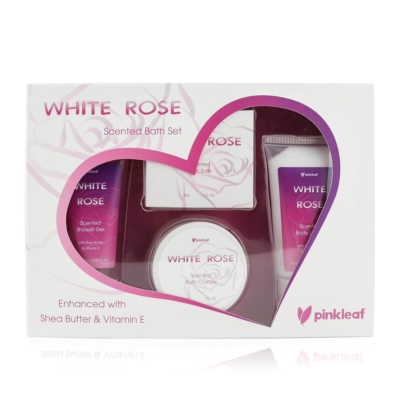 Christmas Bath and Body Set - Spa Gift Basket Love White Rose Fragrance by Pinkleaf - Bath and Body Gift Set Floral Scented Shower Gel & Lotion with Shea Butter & Vitamin E, Crystals