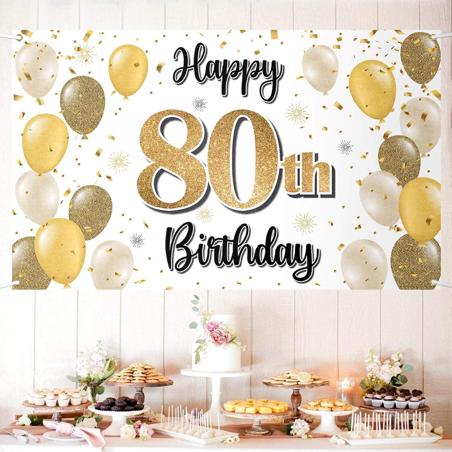LASKYER Happy 80th Birthday Large Banner - Cheers to Eighty Years Old Birthday Home Wall Photoprop Backdrop,80th Birthday Party Decorations.
