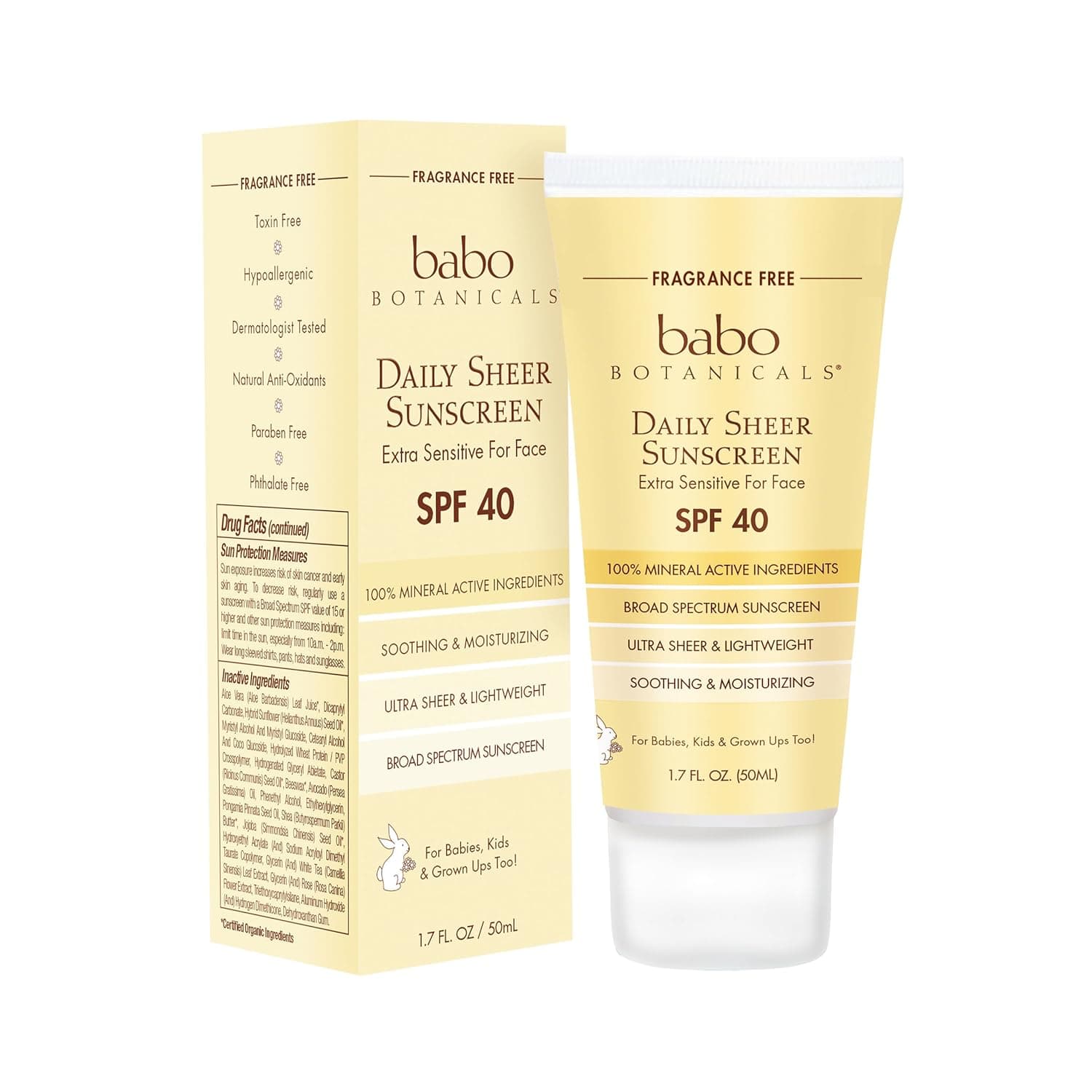 Babo Botanicals SPF 40 Daily Sheer Facial Sunscreen, Unscented, 1.7 Ounce