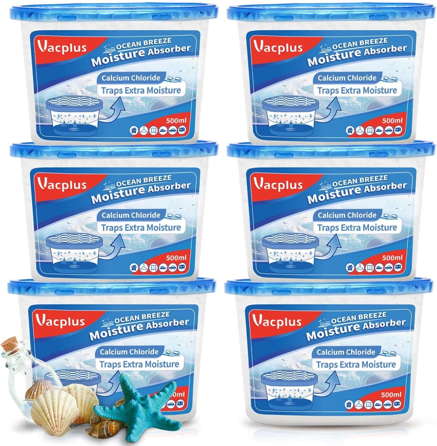 Moisture Absorber boxes (6 Pack), 10.5 Oz, Vacplus Ocean Fragrance Moisture Absorber, Humidity Absorber Attracts Extra Moisture from Your Bathroom, Closet, Kitchen & Study, Dehumidifier for Closet (Ocean)