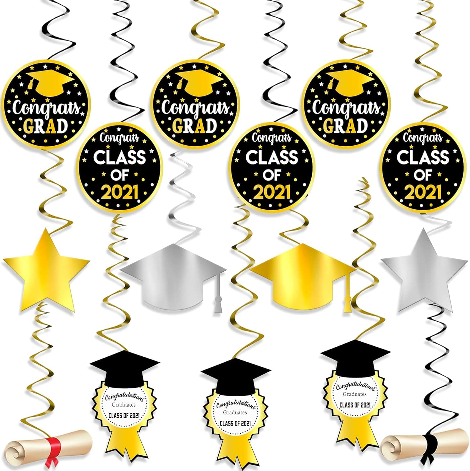 Big Graduation Hanging Decorations 2021 - Pack of 35 Gold Foil Graduation Hanging Swirls | Class of 2021 Decorations | Black and Gold Graduation Decorations 2021 | Congrats Grad Prom 2021 Decorations