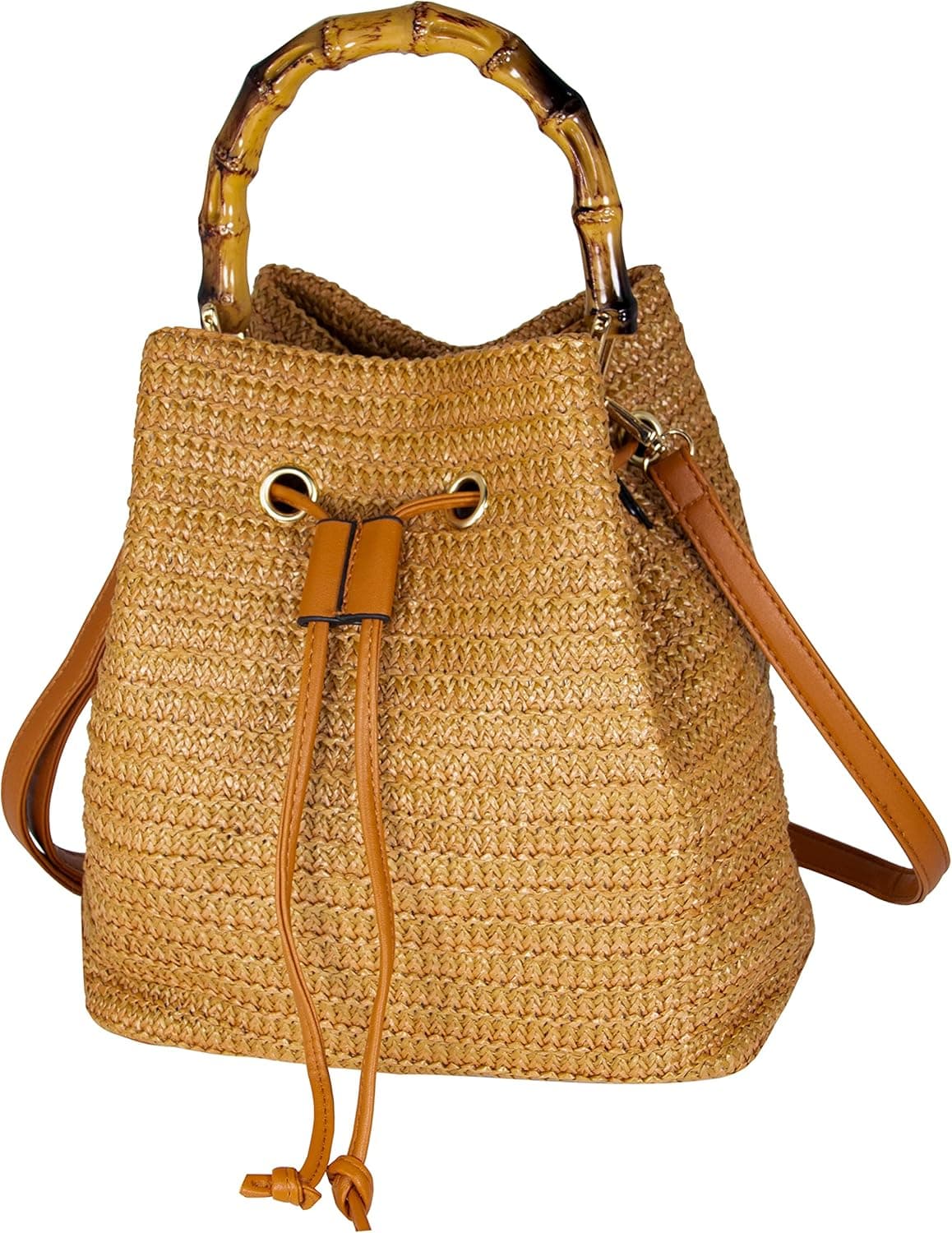 Hirooms Women Beach Bag Straw Woven Shoulder Bag Crossbody Bucket Handbags Summer Handmade Hobo Purse Bamboo Handle