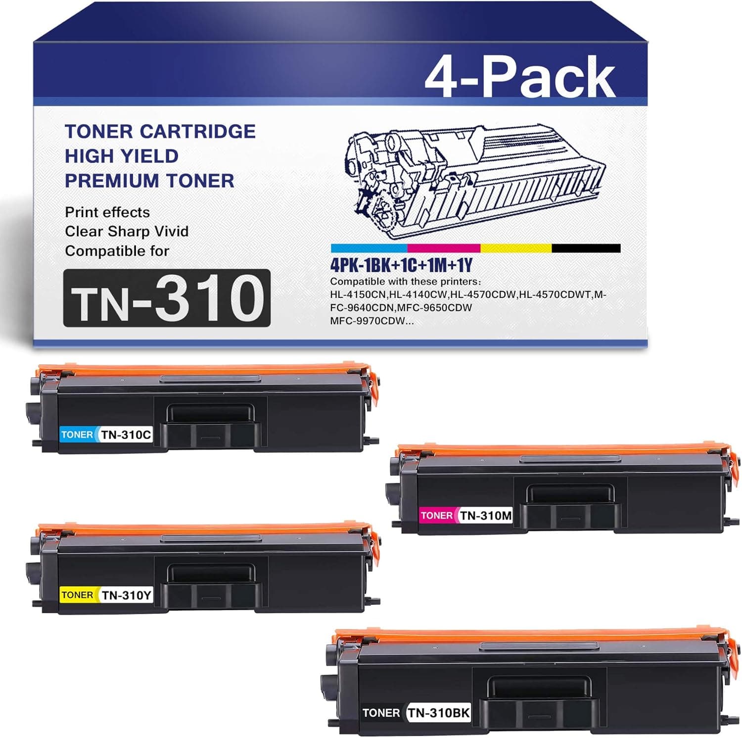 TN310 TN310BK TN310C TN310M TN310Y Toner Cartridge Replacement for Brother TN-310 Series HL-4150CDN 4140CW 4570CDW 4570CDWT MFC-9640CDN Printer Ink Cartridge (Black,Cyan,Magenta,Yellow, 4-Pack).