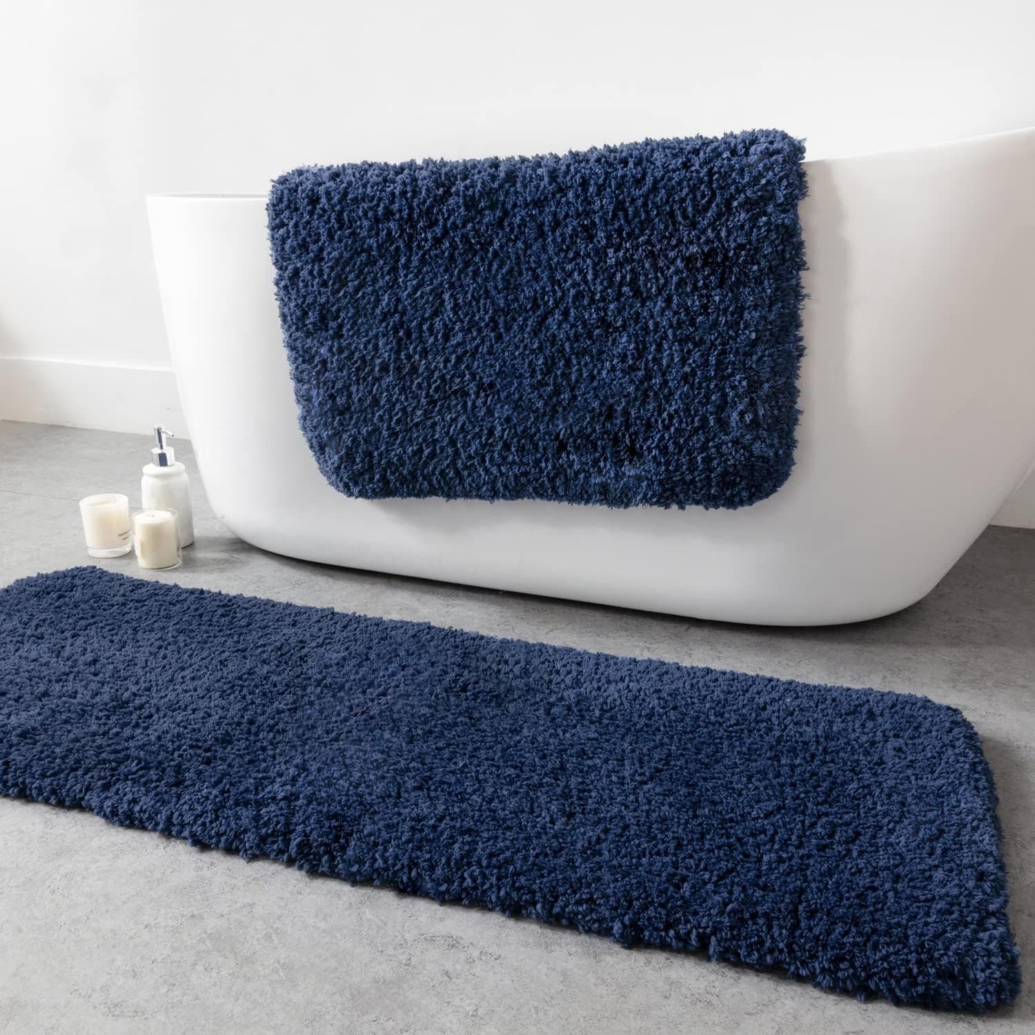 Phantoscope Bathroom Rugs - Set of 2 Non-Slip Ultra Soft Microfiber Plush Bath Mat Water Absorbing Shower Rugs, Dark Blue, 17 x 24 & 17 x 47 Inches