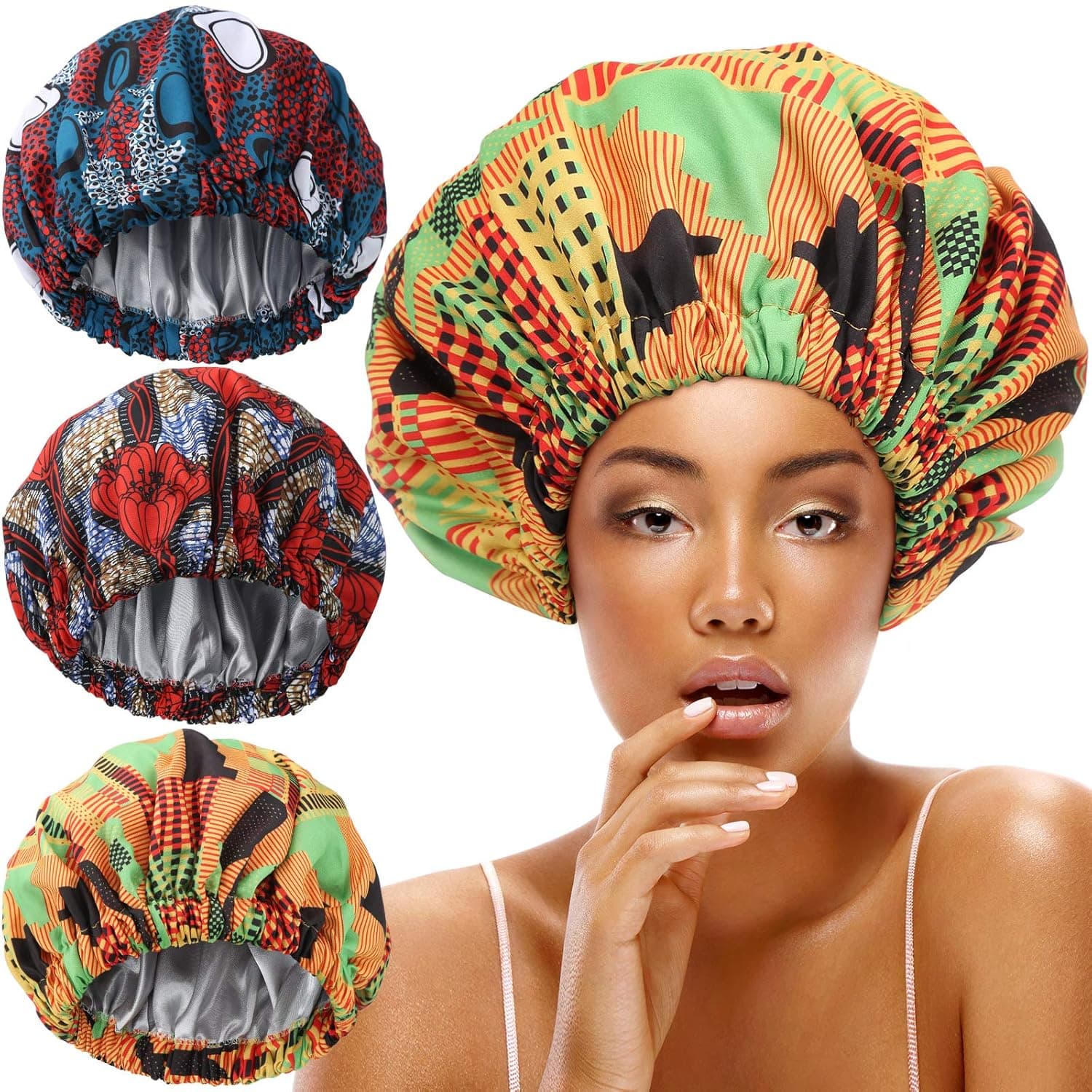 3 Pieces African Silk Bonnet Satin Sleep Cap Elastic Wide Band Hat Adjustable Night Sleeping Cap Headwear for Natural Hair Curly Hair Bonnets for Girls Women (Classic Patterns)