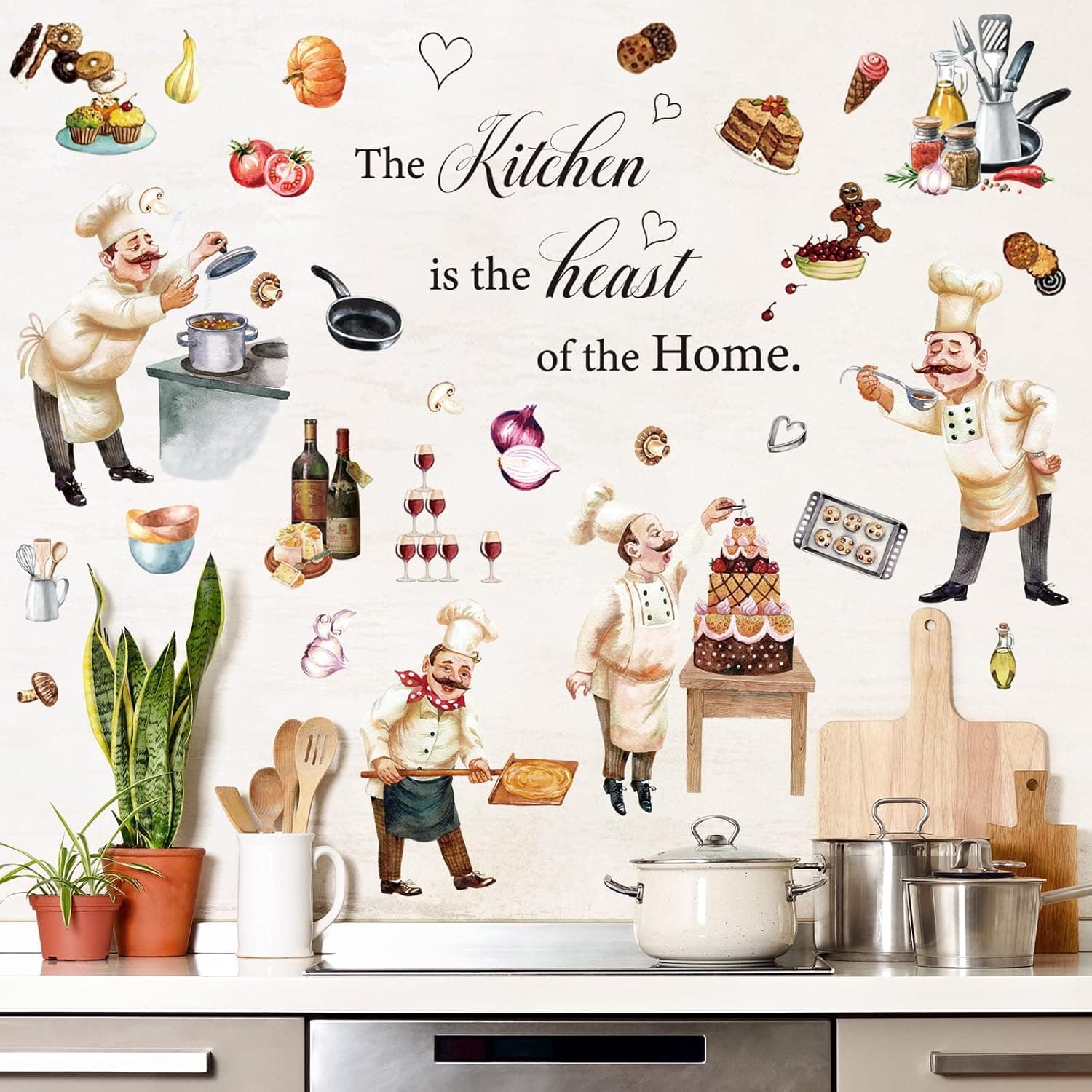Chefs Peel and Stick Wall Decals Italian Fat Chefs Wall Stickers Cooking Wall Sticker Wine Cake for Kitchen Restaurant Dining Room Home Wall Decoration, 6 Sheets
