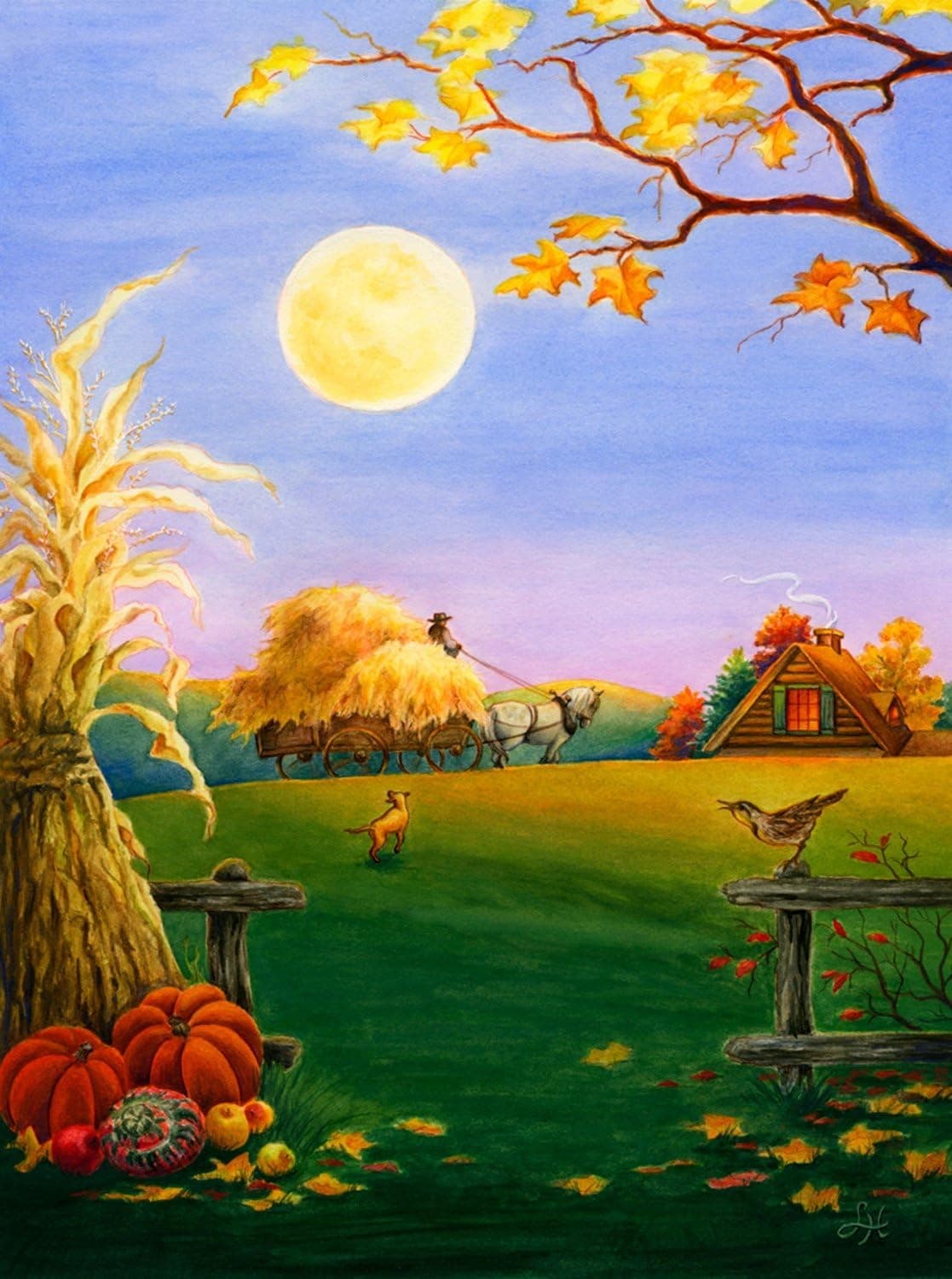 Harvest Moon Autumn House Flag Fall Farm Scene Full Moon 28" x 40"