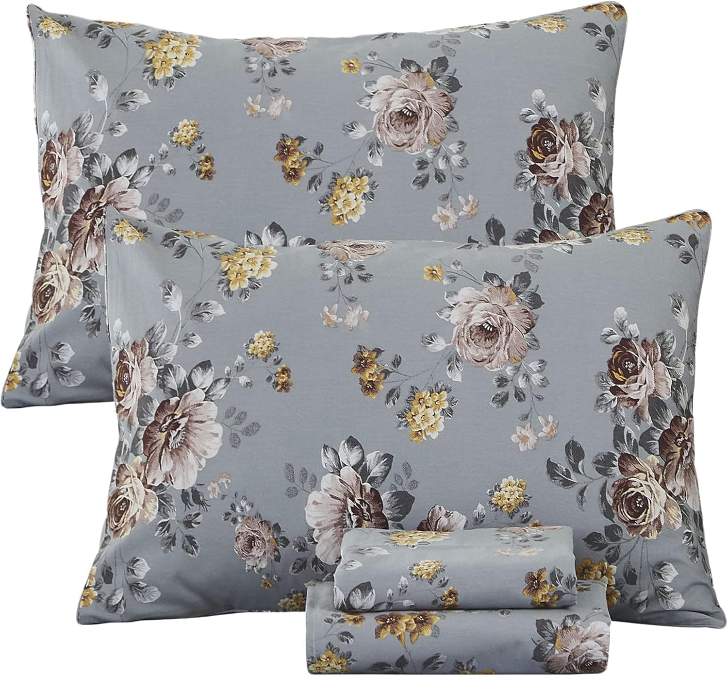 FADFAY 100% Brushed Cotton Sheets Set King Shabby Grey Floral Bedding Elegant Peony Flower Farmhouse Bedding Set Ultra Soft Vintage Rose Sheet Set with Deep Pocket Fitted Sheet 4-Pieces, King Size
