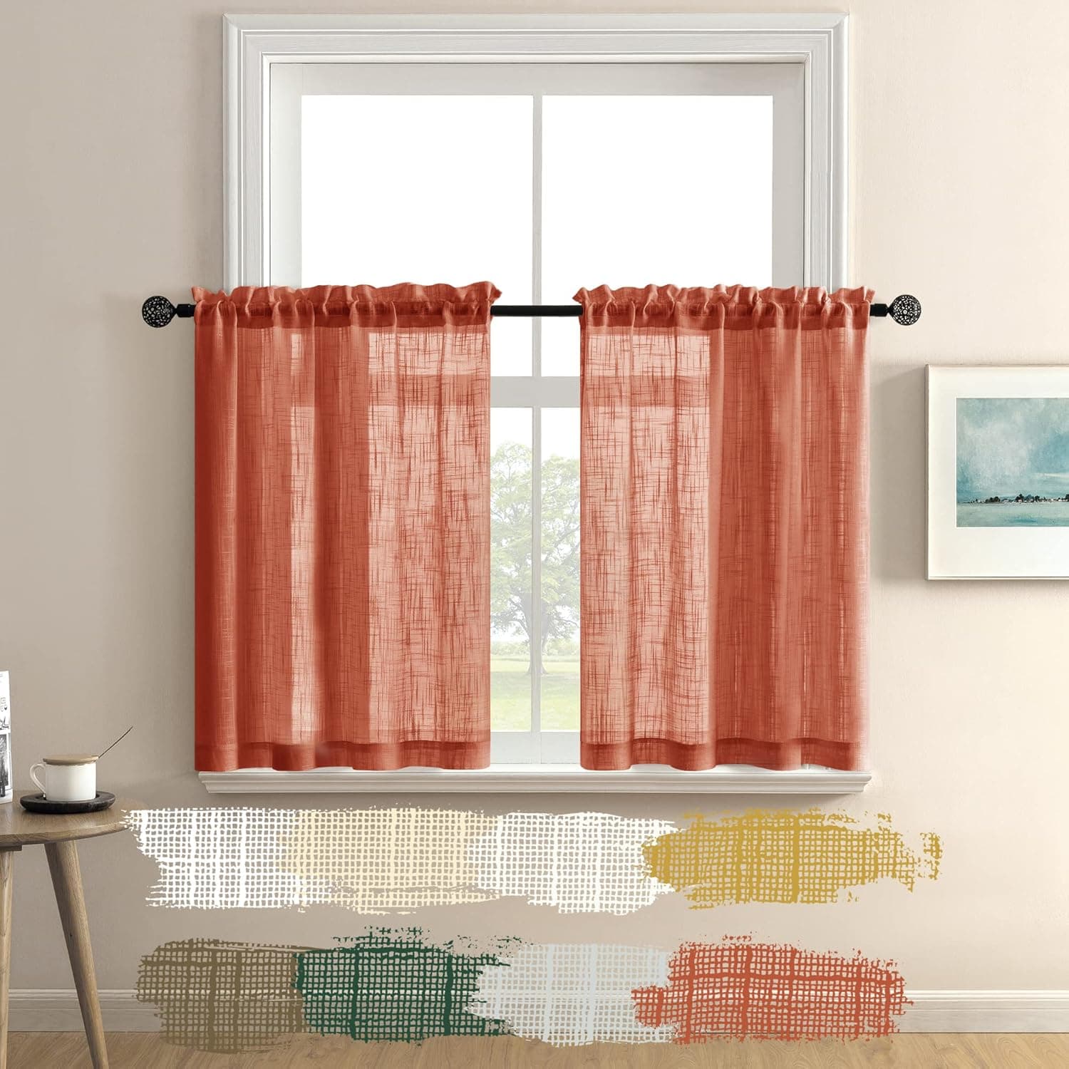 Burnt Orange Curtains 36 Inch Long for Bedroom 2 Panels Short Cafe Curtains Rod Pocket Tier Pumpkin Rust Boho Sheer Linen Small Window Treatment for Door Thanksgiving Kitchen Fall Room Decor Bathroom