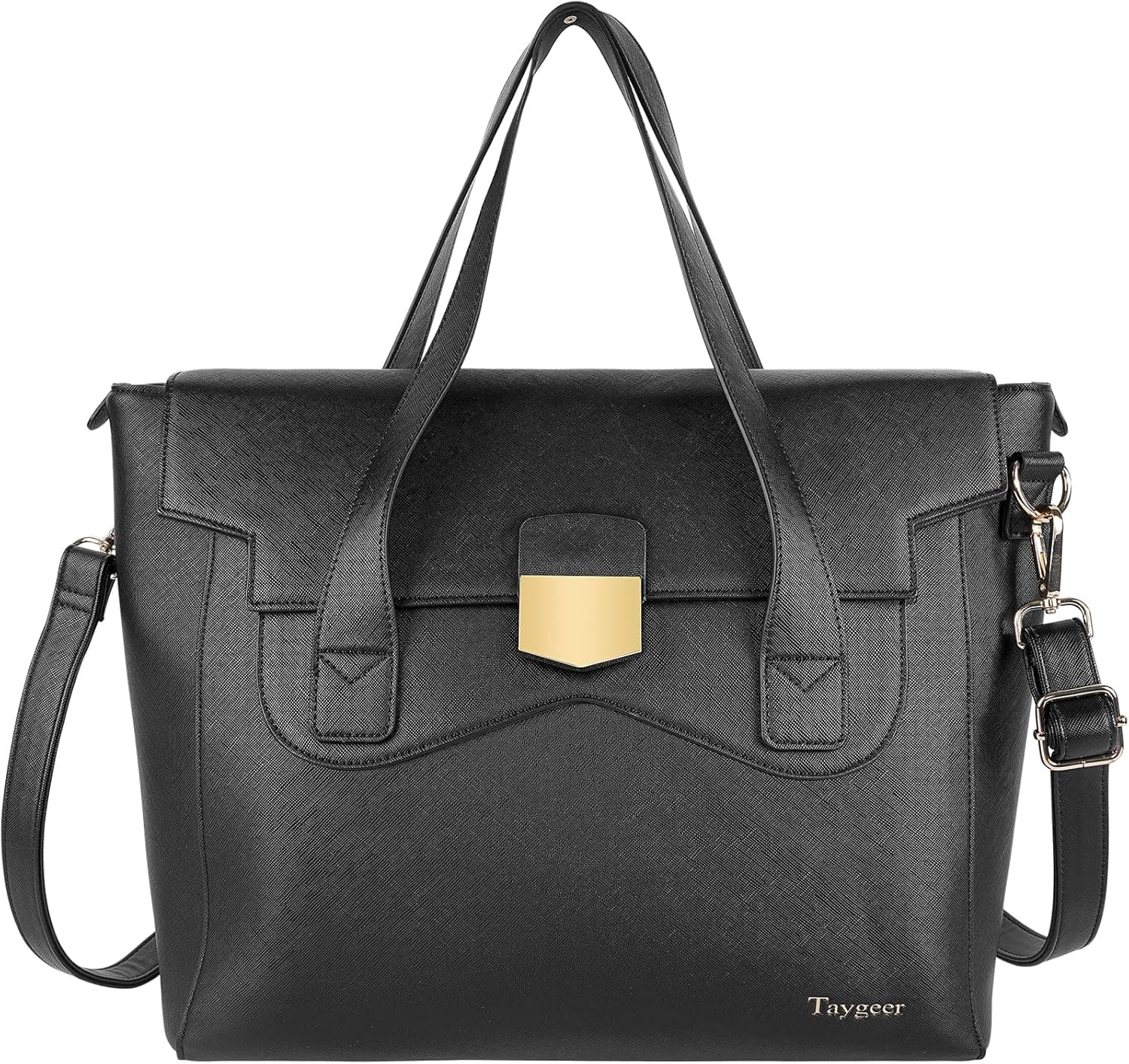 Laptop Tote Bag for Women, 13.3-14 inch Waterproof PU Leather Work Briefcase with USB Charging Port Computer Shoulder Bag, Office Messenger Business Handbag Gifts for Women Work Travel, Black