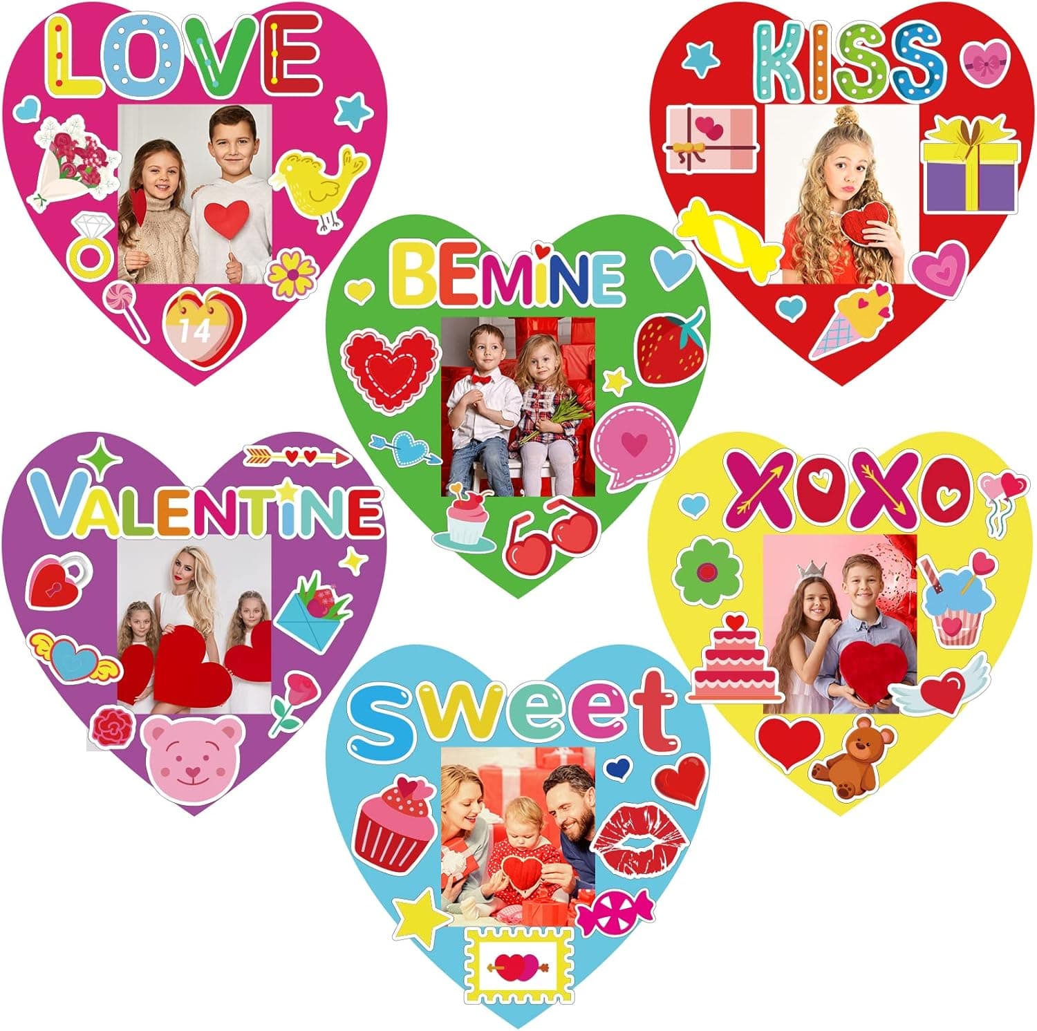 Kepeel 30 Packs Valentine's Day Craft Kits for Kids, Valentines Day Heart DIY Picture Photo Frame Ornaments with 345 Stickers Valentine Class Game Activities