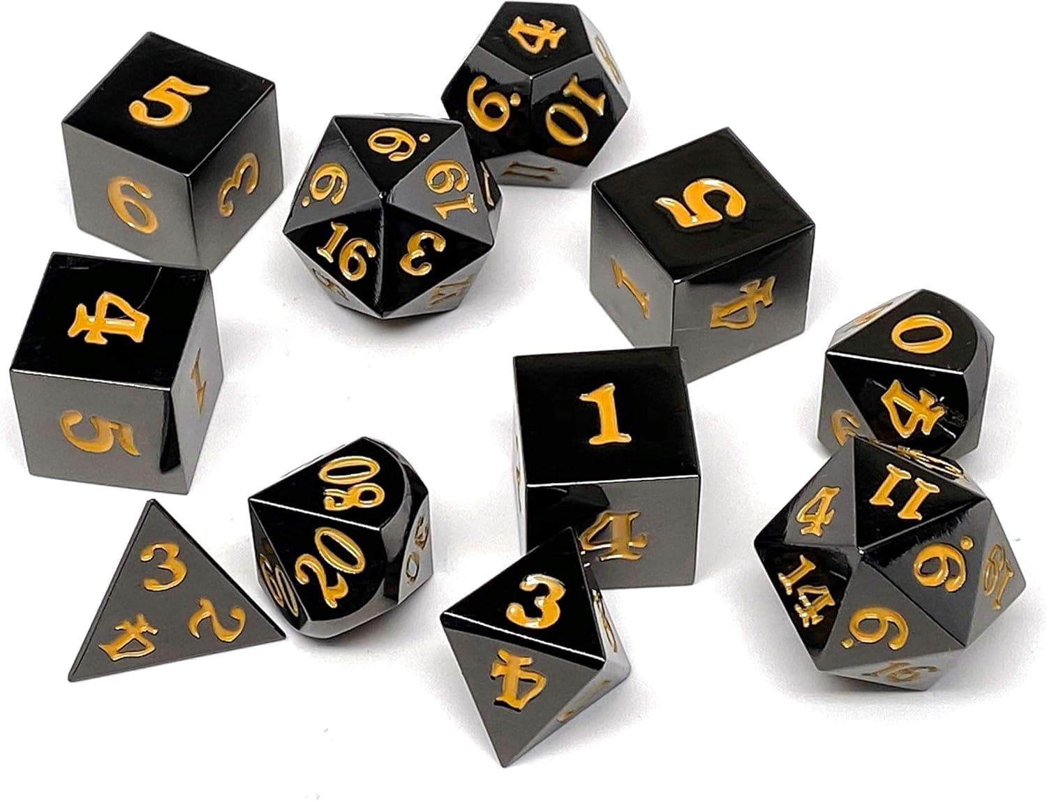 Gun Metal 11 Piece Dice Set - Signature Font - Gold