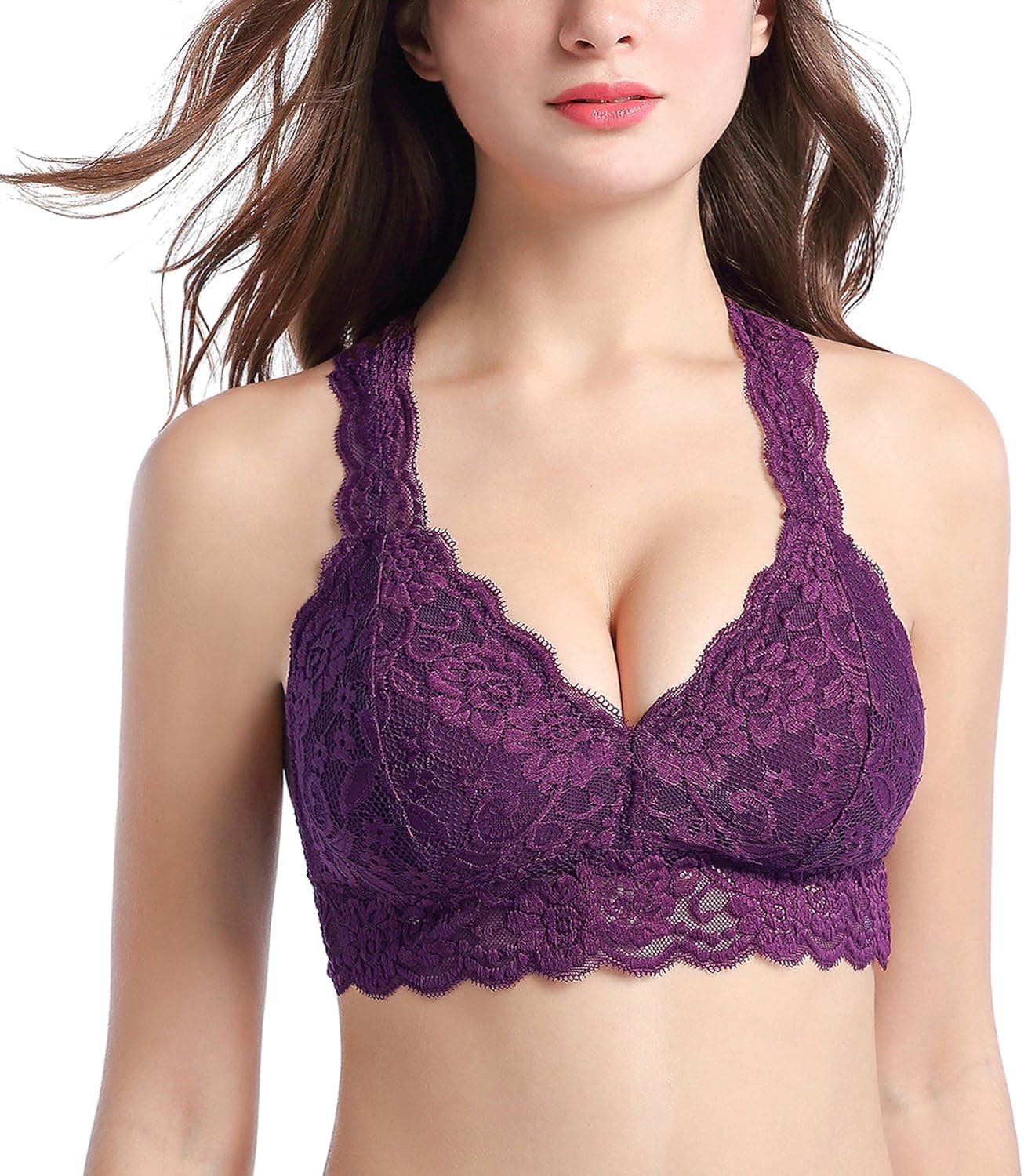 Women's Floral Lace Sports Bra Wirefree Lingerie Bralette Yoga Sleep Bra with Removable Pads
