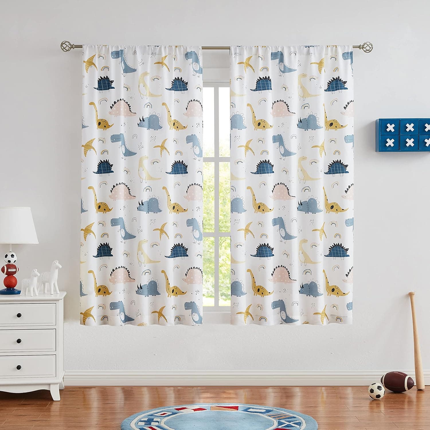 WEST LAKE Dinosaur Kids Juvenile Window Curtain Panels Semi Sheer Cartoon Animal Print Jurassic Cute Dino Curtain Rod Pocket for Boys Room, Toy Room, 2 Panels, Blue and White, 42''x63''