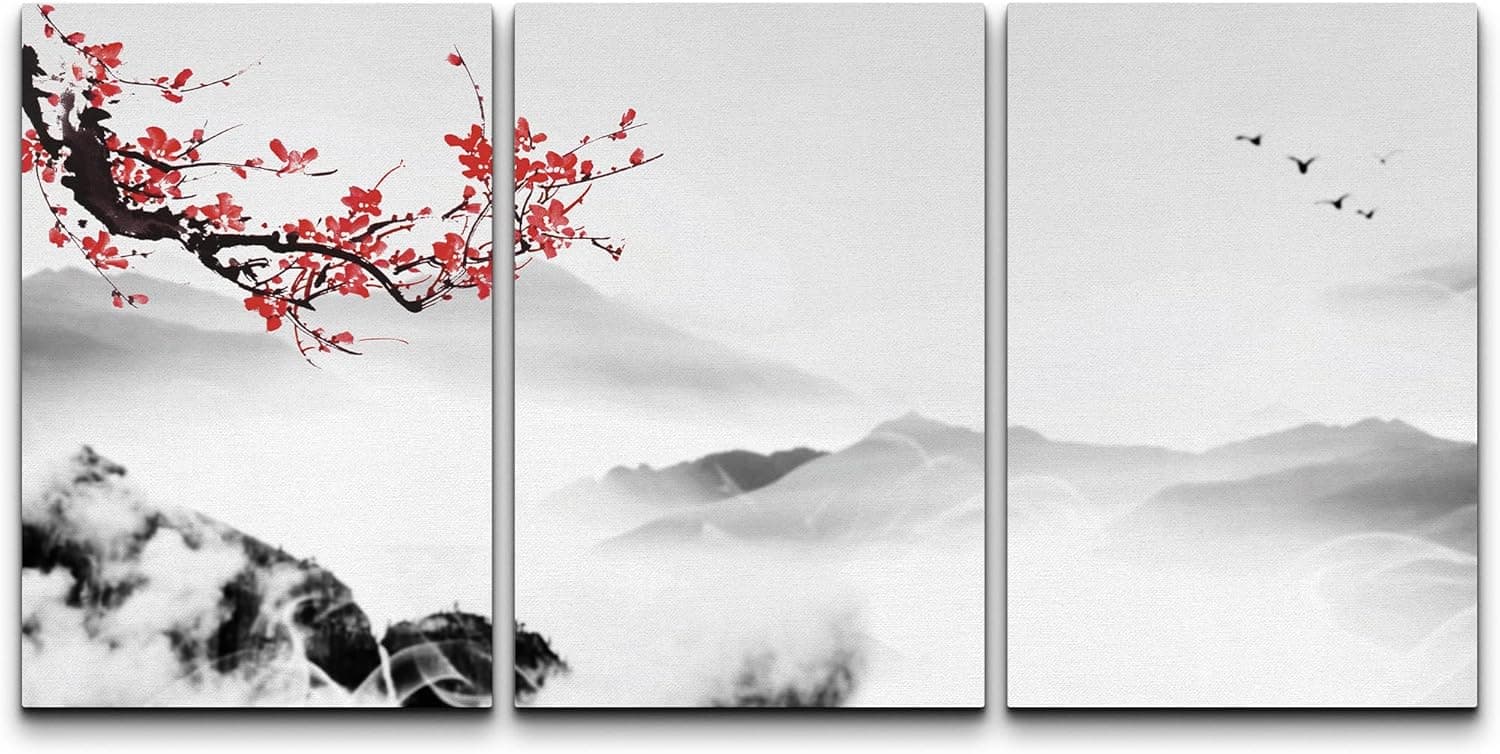 wall26 Canvas Print Wall Art Set Red Cherry Blossoms Over Misty Mountain Range Nature Wilderness Illustrations Modern Art Cultural Relax/Calm for Living Room, Bedroom, Office - 24"x36"x3 Panels